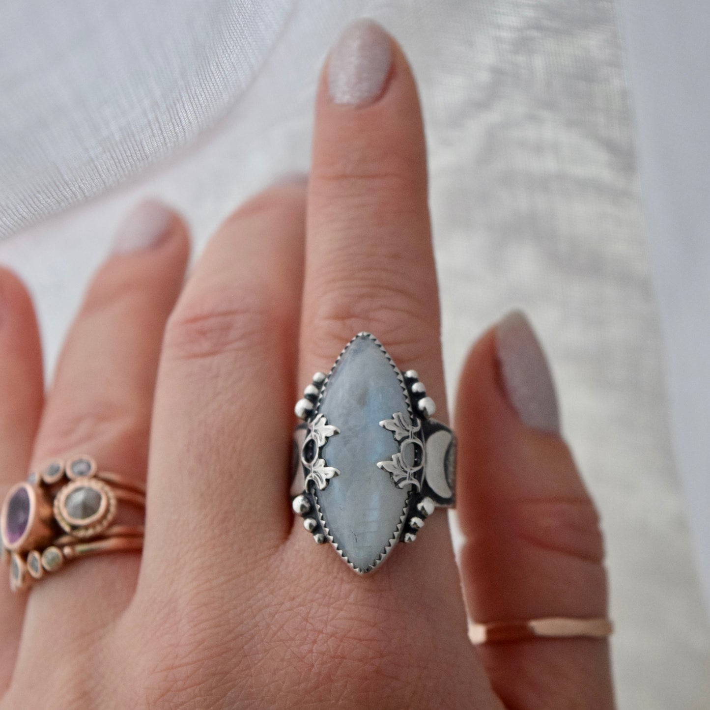 Lunar Phase Statement Ring with Rainbow Moonstone size 7.25/7.5