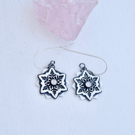 Snowflake Earrings with Rainbow Moonstone