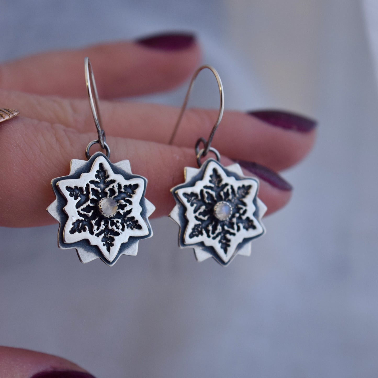 Snowflake Earrings with Rainbow Moonstone