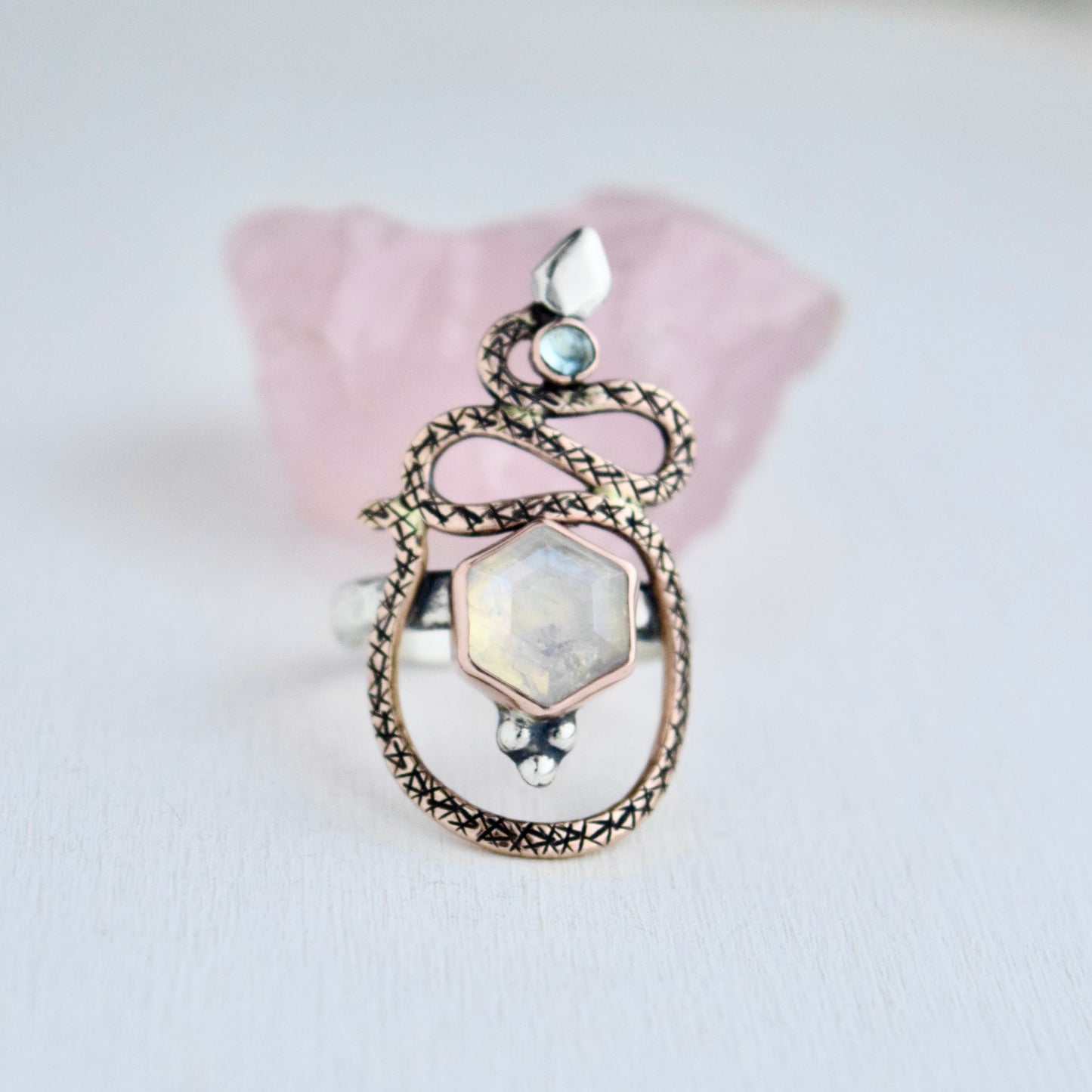 Serpent Ring with Rainbow Moonstone, Tourmaline, 14k Solid Rose Gold, and Gold Fill Size 7
