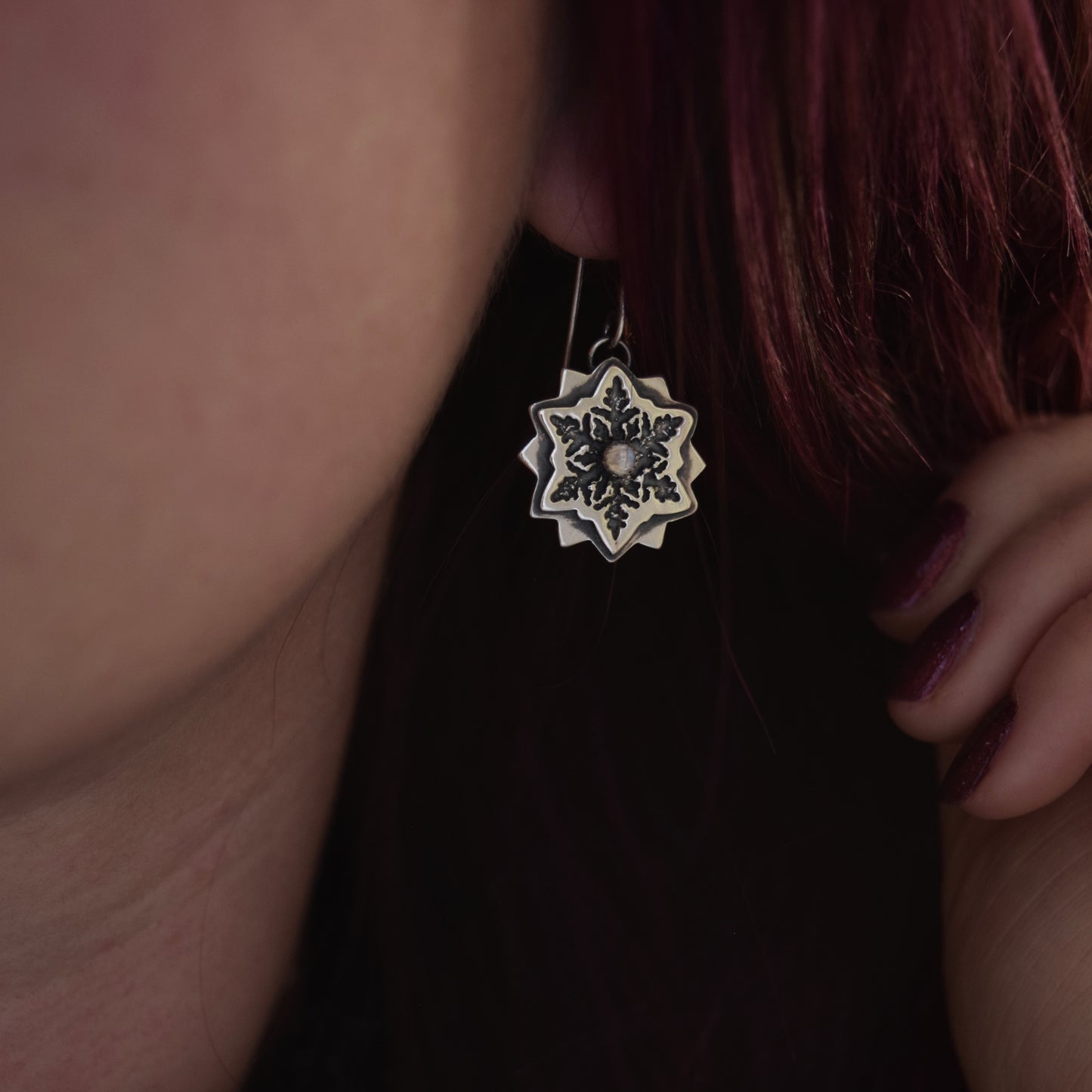 Snowflake Earrings with Rainbow Moonstone