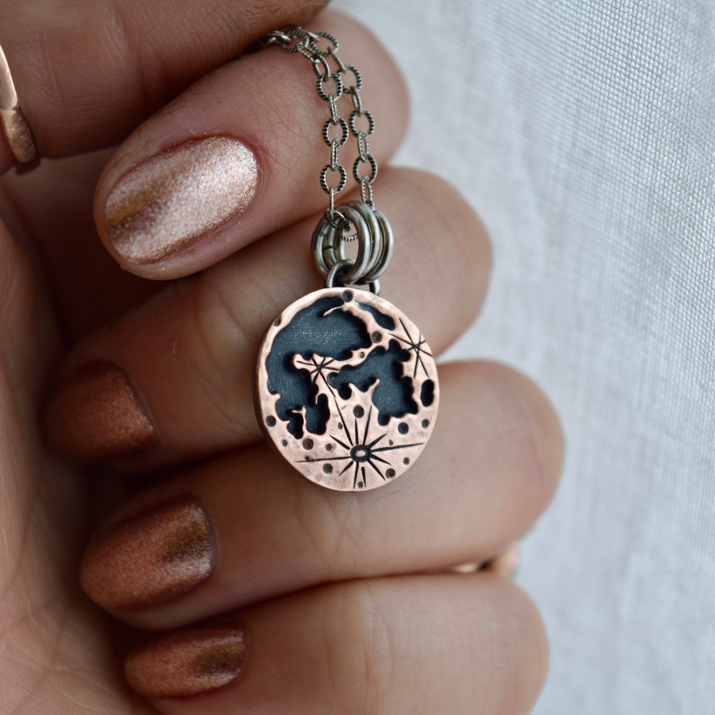 Double sided Lunar Phase Pendant with Copper and Gold Fill