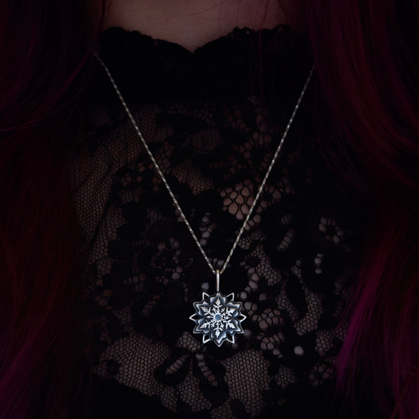 Snowflake Necklace with Teal Montana Sapphire