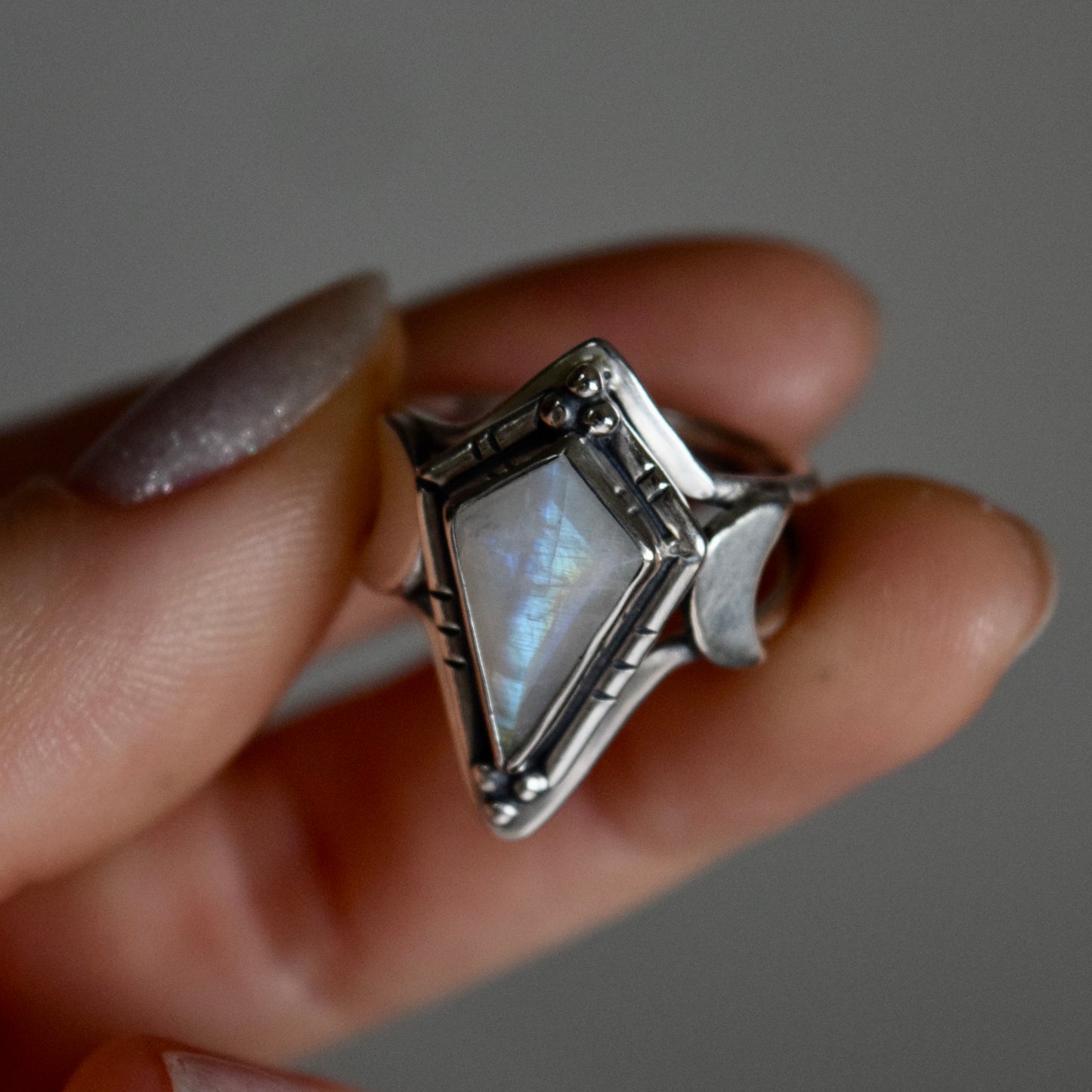 North Star Ring with Rainbow Moonstone Size 7.5