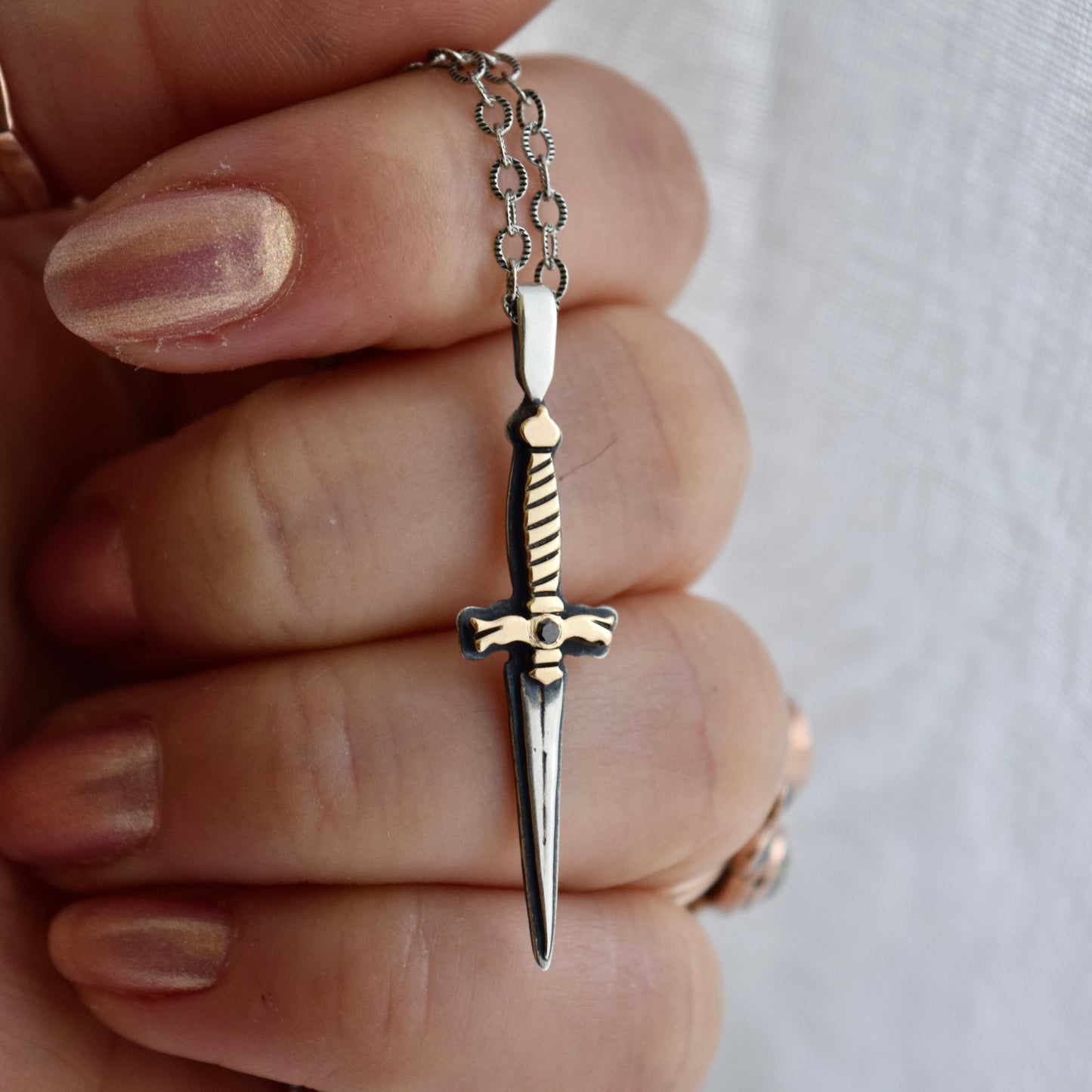 Dagger Necklace with .02c Black Diamond, and Yellow Gold Fill