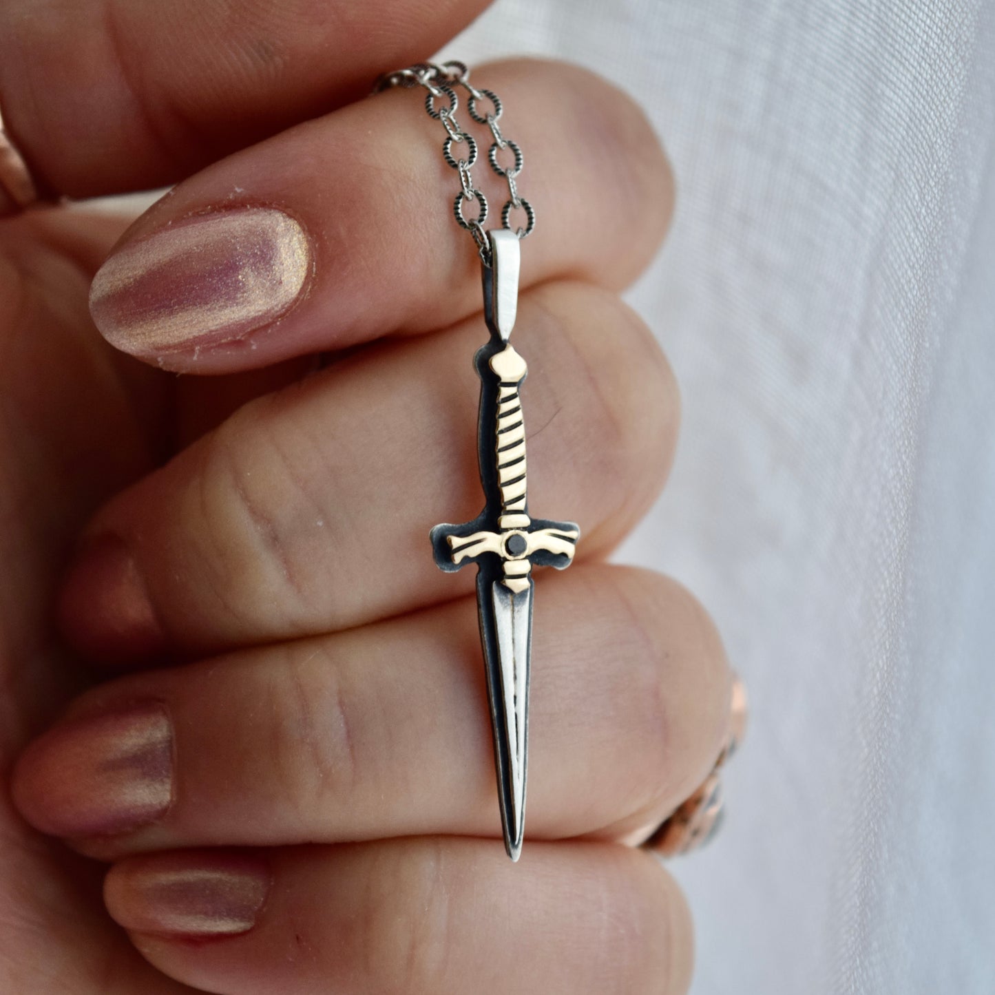 Dagger Necklace with .02c Black Diamond, and Yellow Gold Fill