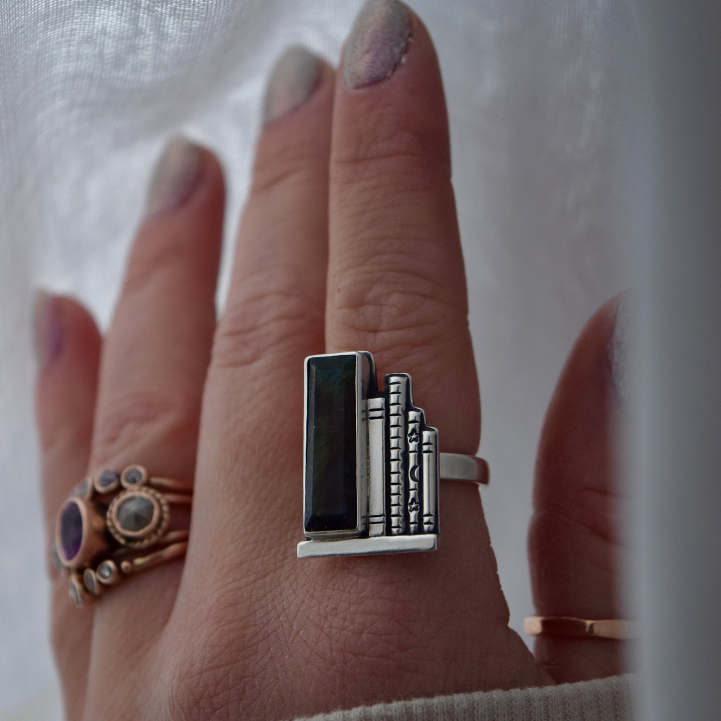 Book Shelf Ring with Labradorite Size 7.5