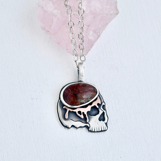 Red Moss Agate Skull Necklace with Copper