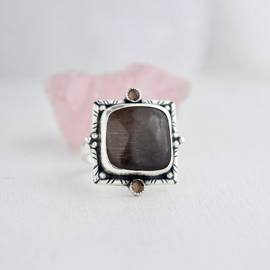Lattice Sunstone Ring with Smokey Quartz size 8