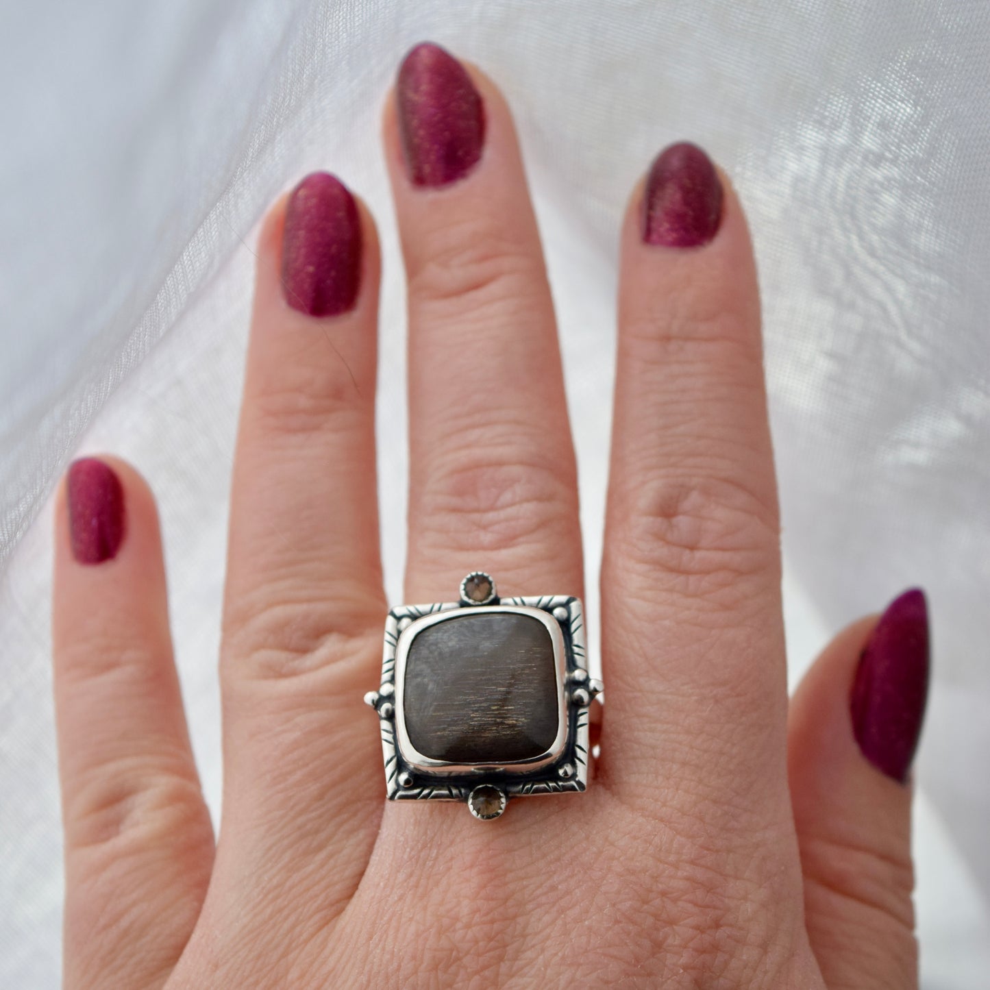 Lattice Sunstone Ring with Smokey Quartz size 8