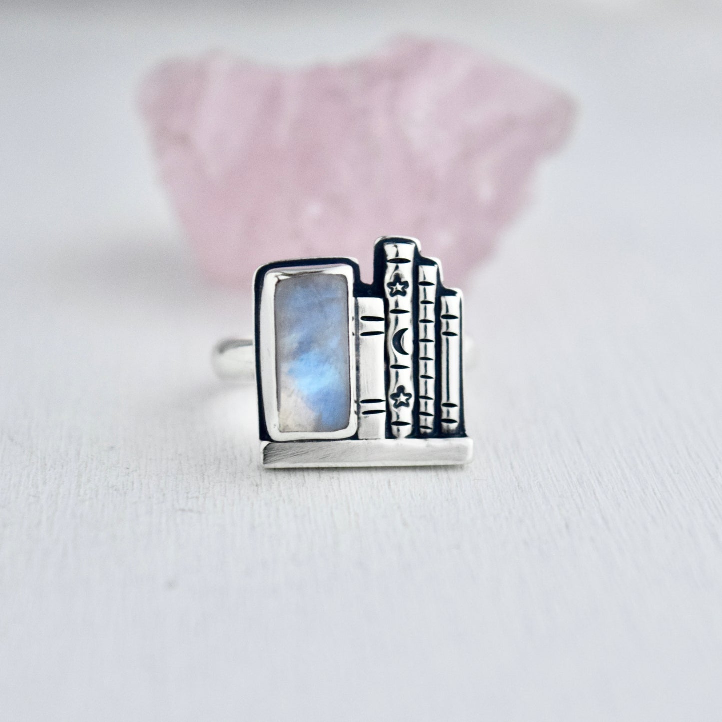 Book Shelf Ring with Rainbow Moonstone Size 7