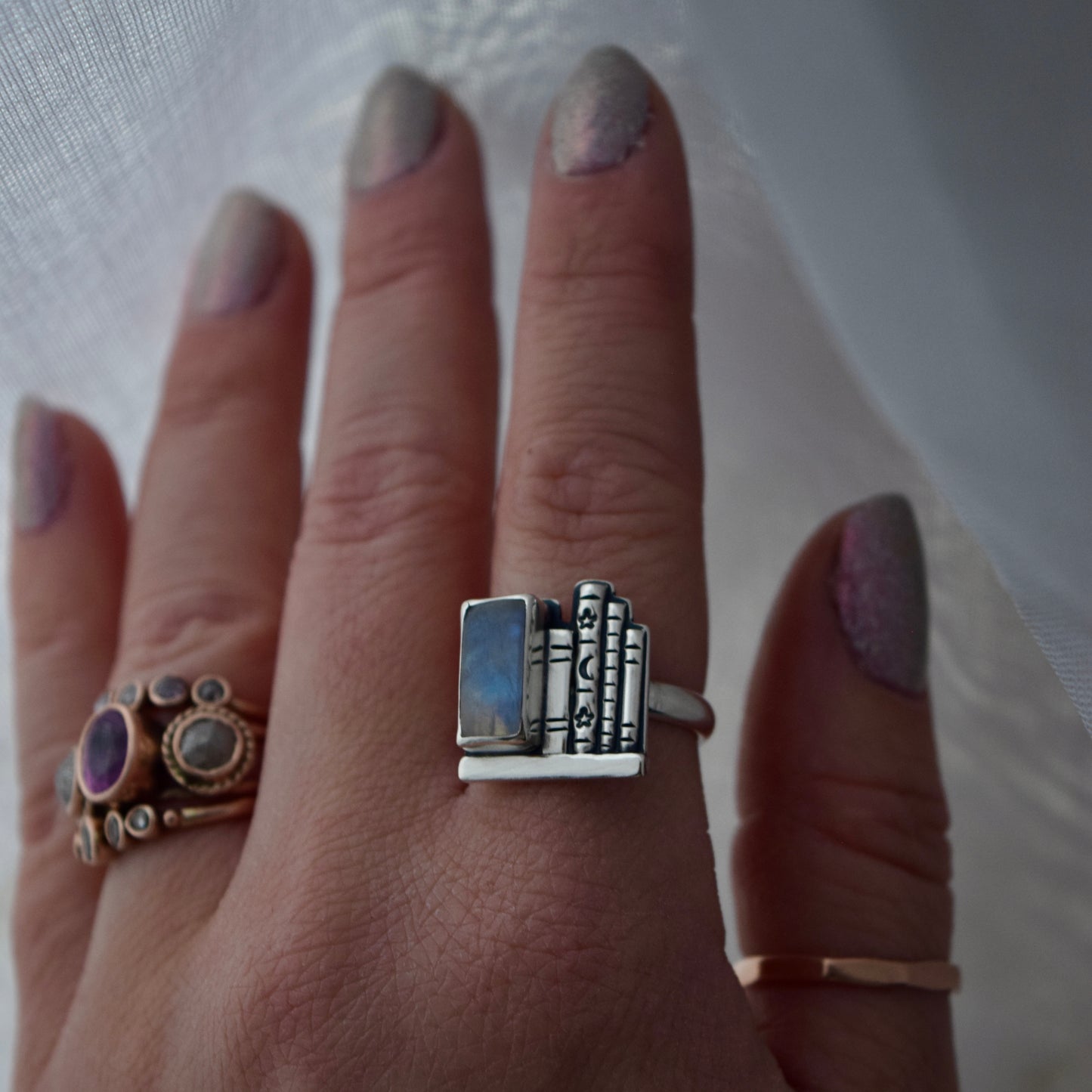 Book Shelf Ring with Rainbow Moonstone Size 7