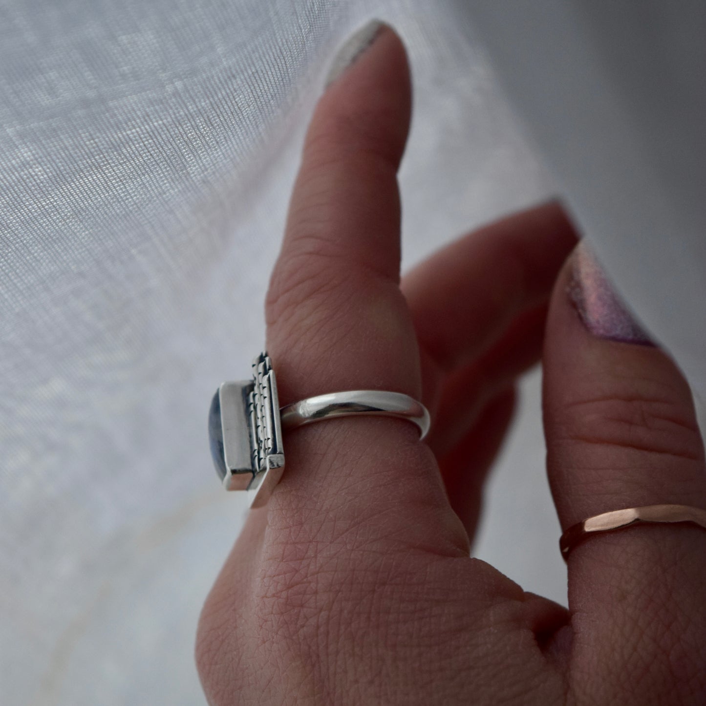 Book Shelf Ring with Rainbow Moonstone Size 7