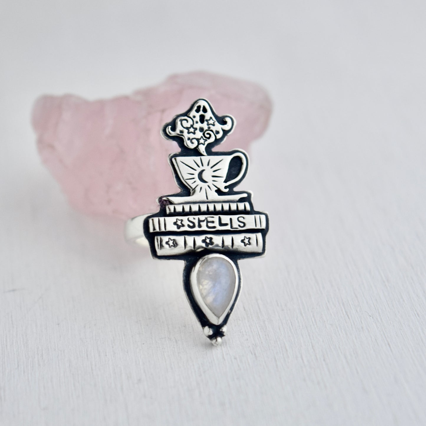 Ghostly Cafe Ring with Rainbow Moonstone Size 7