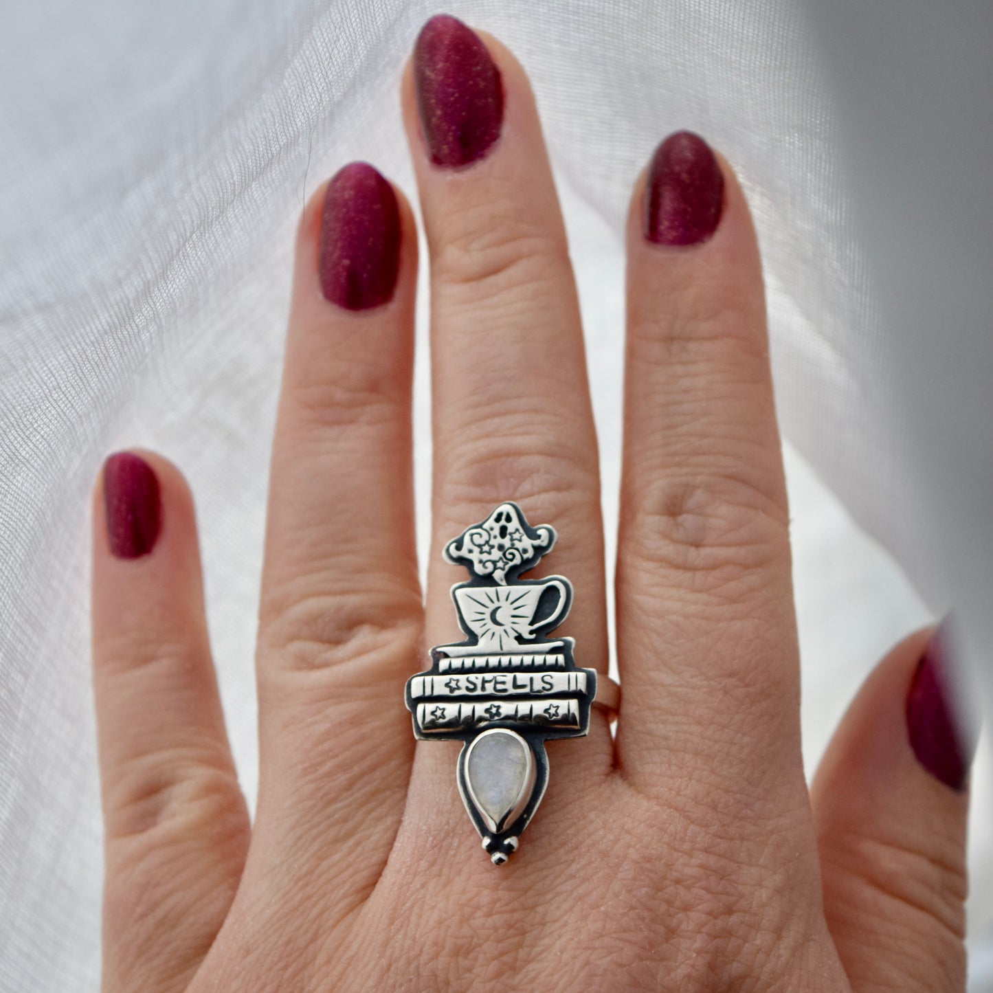 Ghostly Cafe Ring with Rainbow Moonstone Size 7