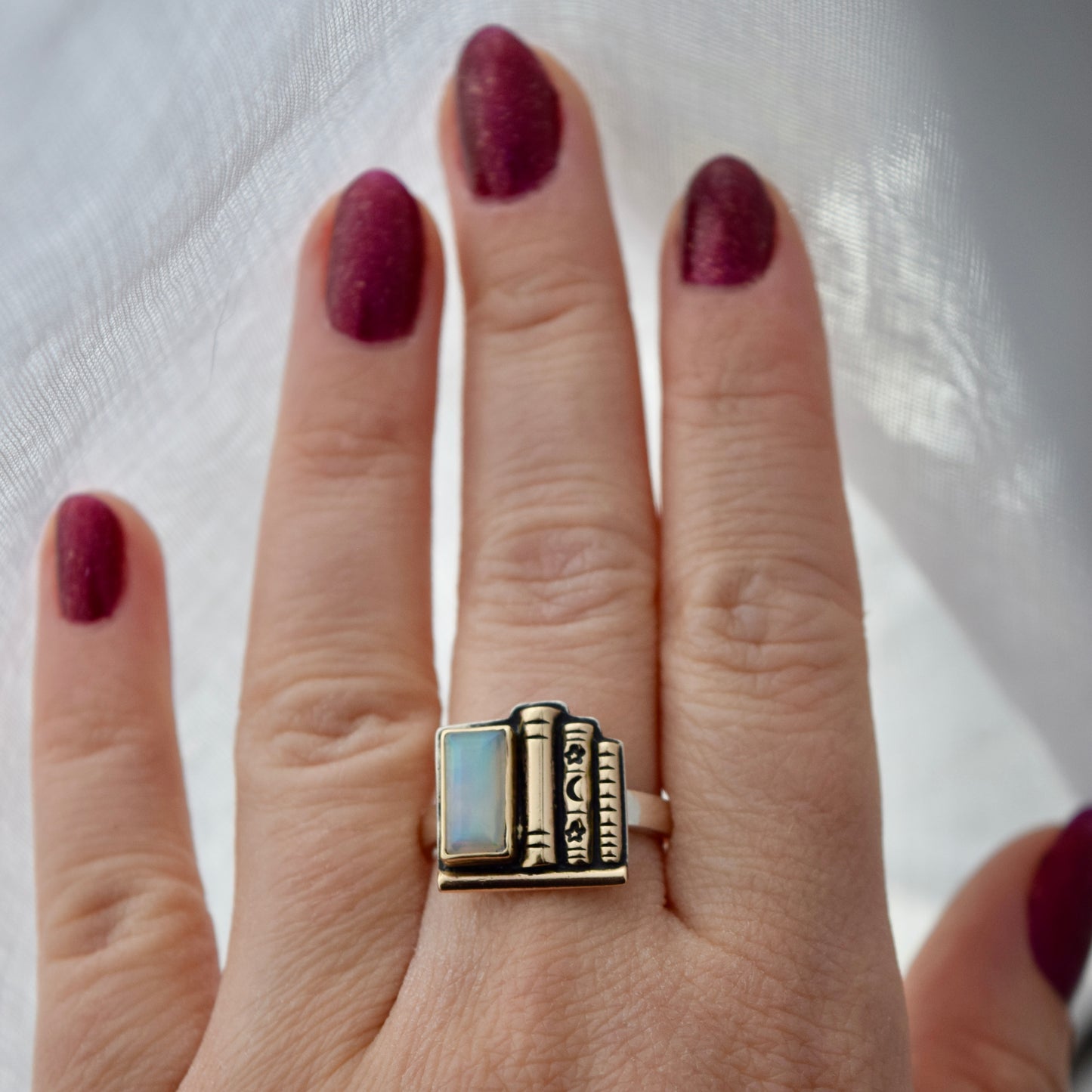 Bookshelf Ring with Ethiopian Opal, 14k Solid Yellow Gold, and Yellow Gold Fill Size 8
