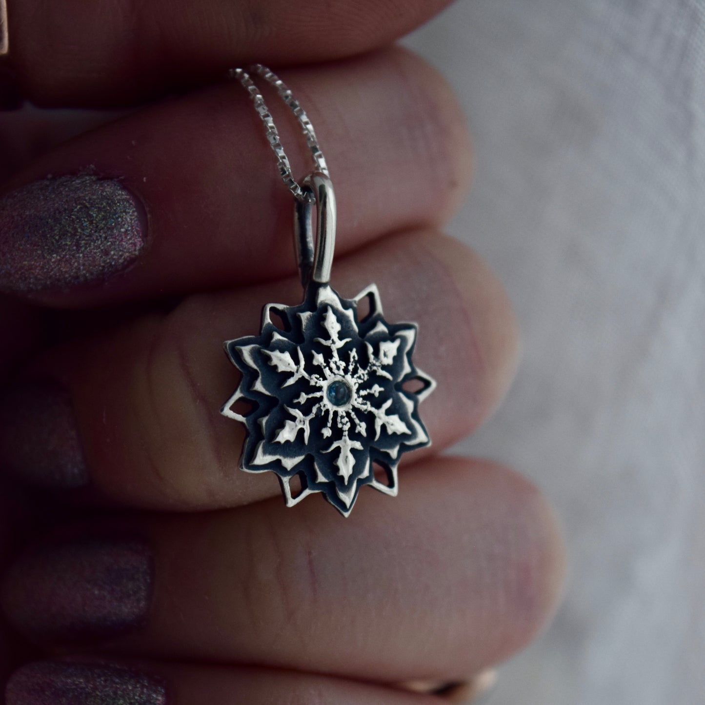 Snowflake Necklace with Teal Montana Sapphire