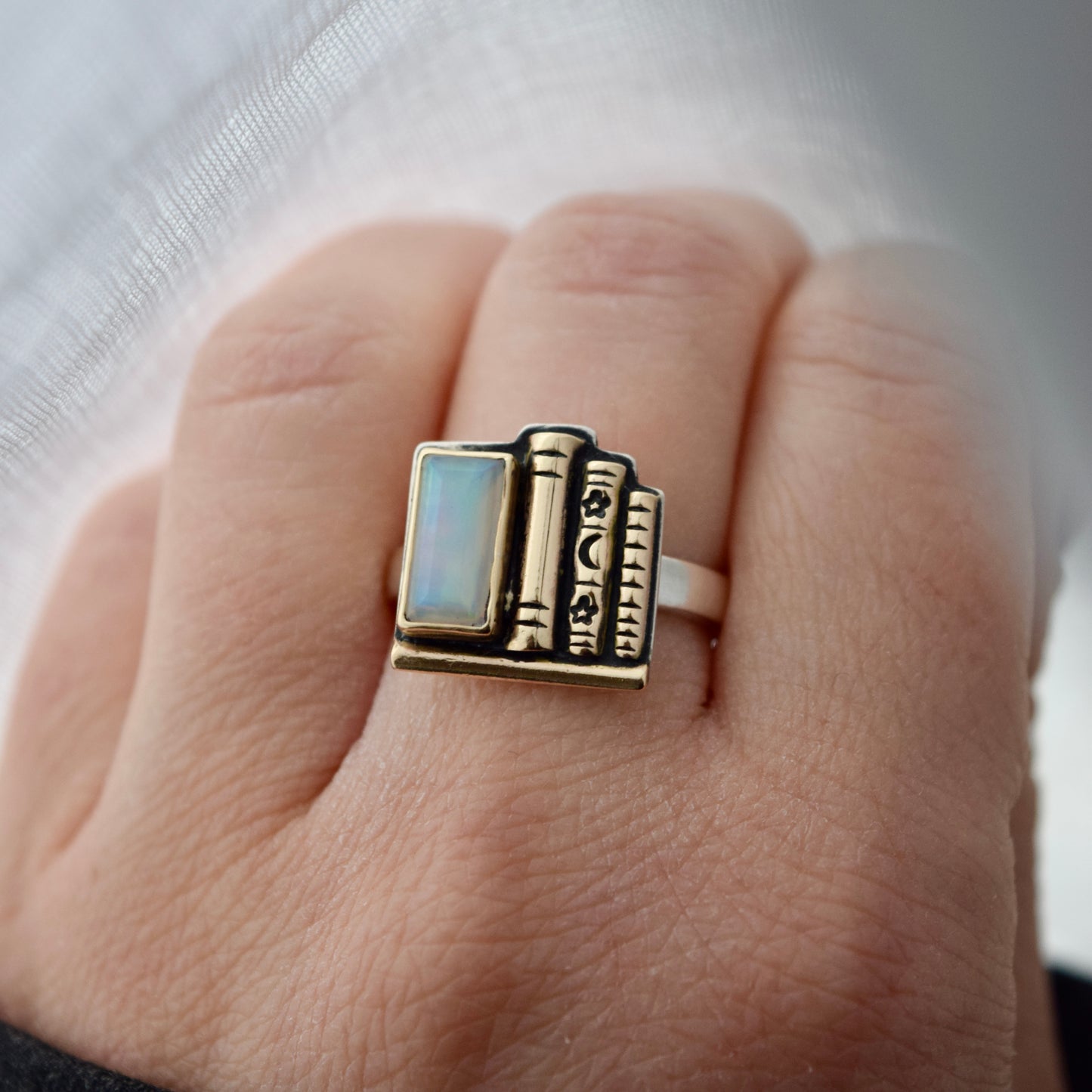 Bookshelf Ring with Ethiopian Opal, 14k Solid Yellow Gold, and Yellow Gold Fill Size 8