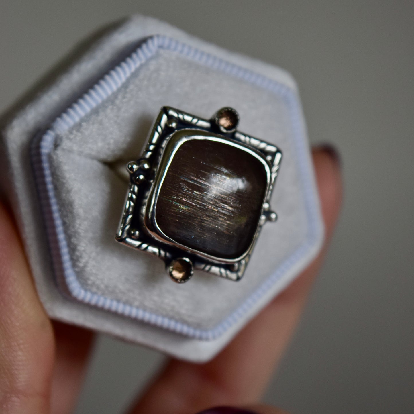 Lattice Sunstone Ring with Smokey Quartz size 8