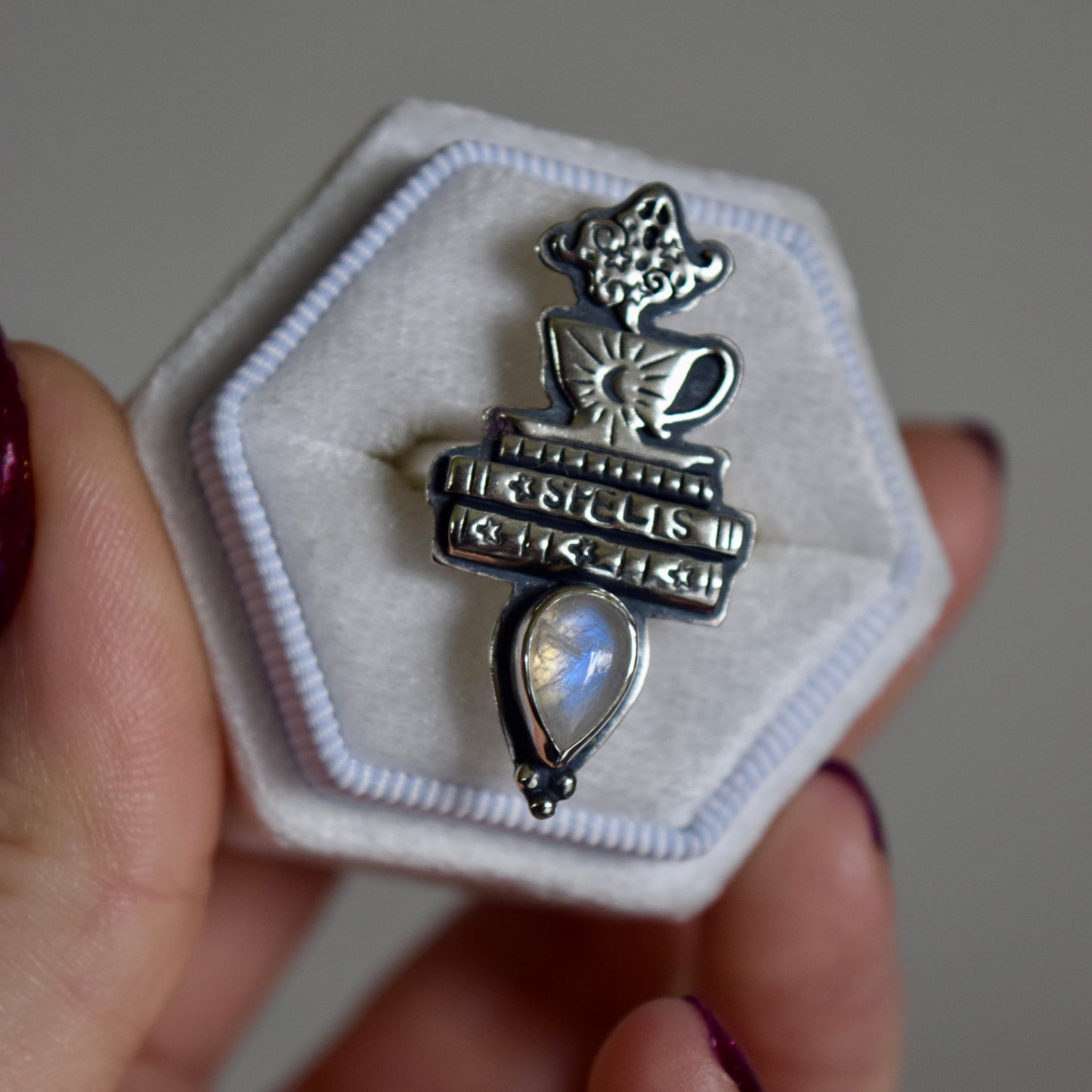 Ghostly Cafe Ring with Rainbow Moonstone Size 7