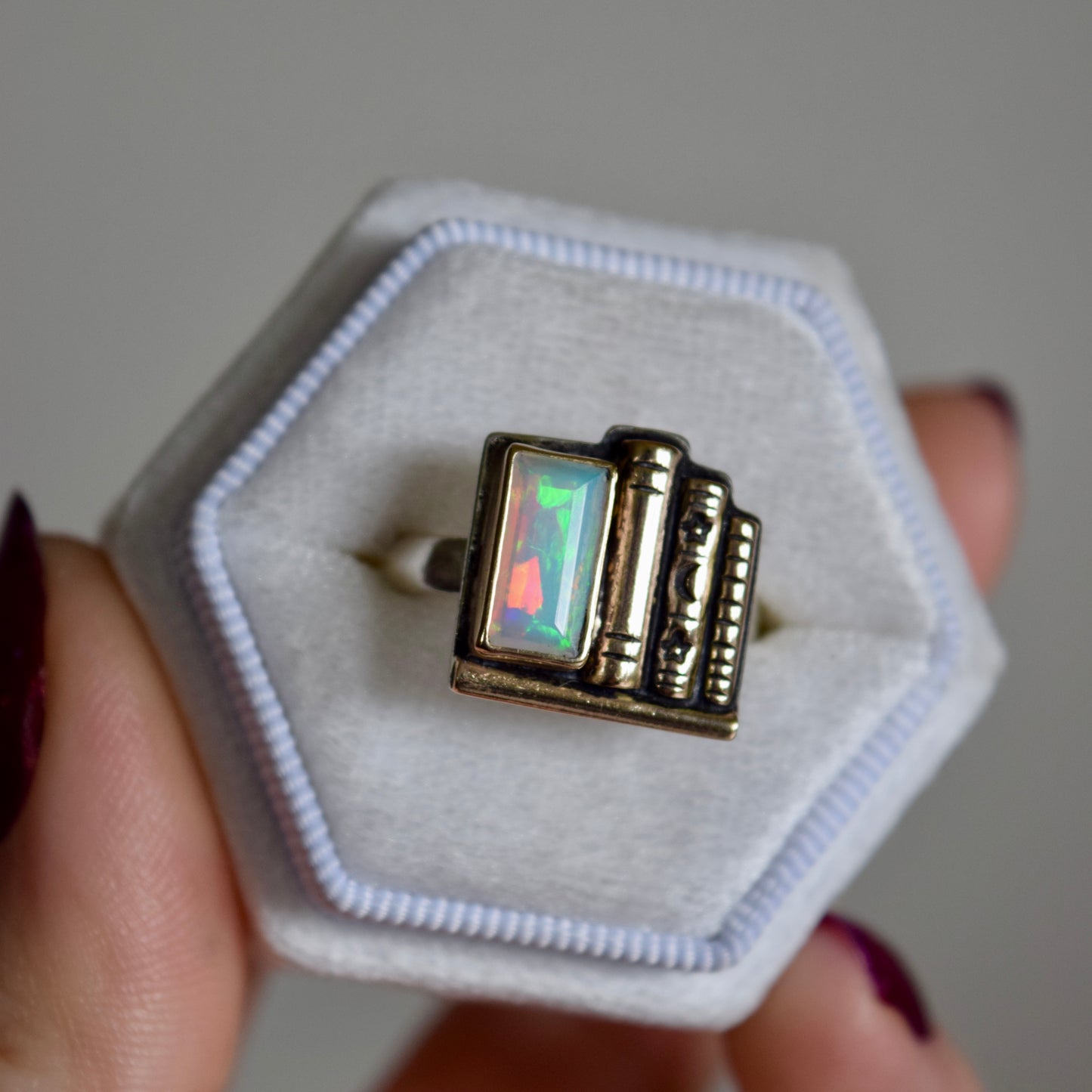 Bookshelf Ring with Ethiopian Opal, 14k Solid Yellow Gold, and Yellow Gold Fill Size 8