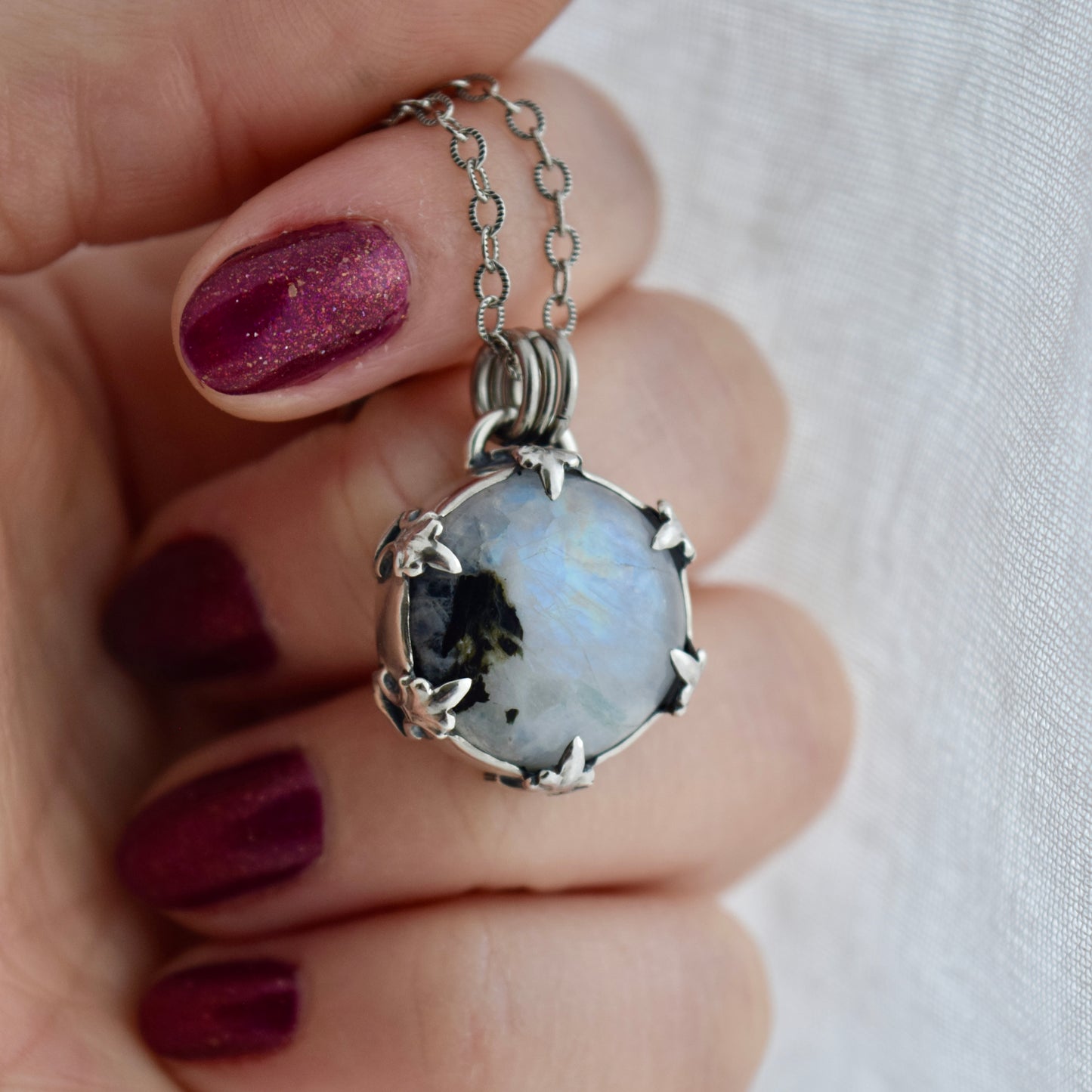 Double Sided Full Moon Rainbow Moonstone Necklace