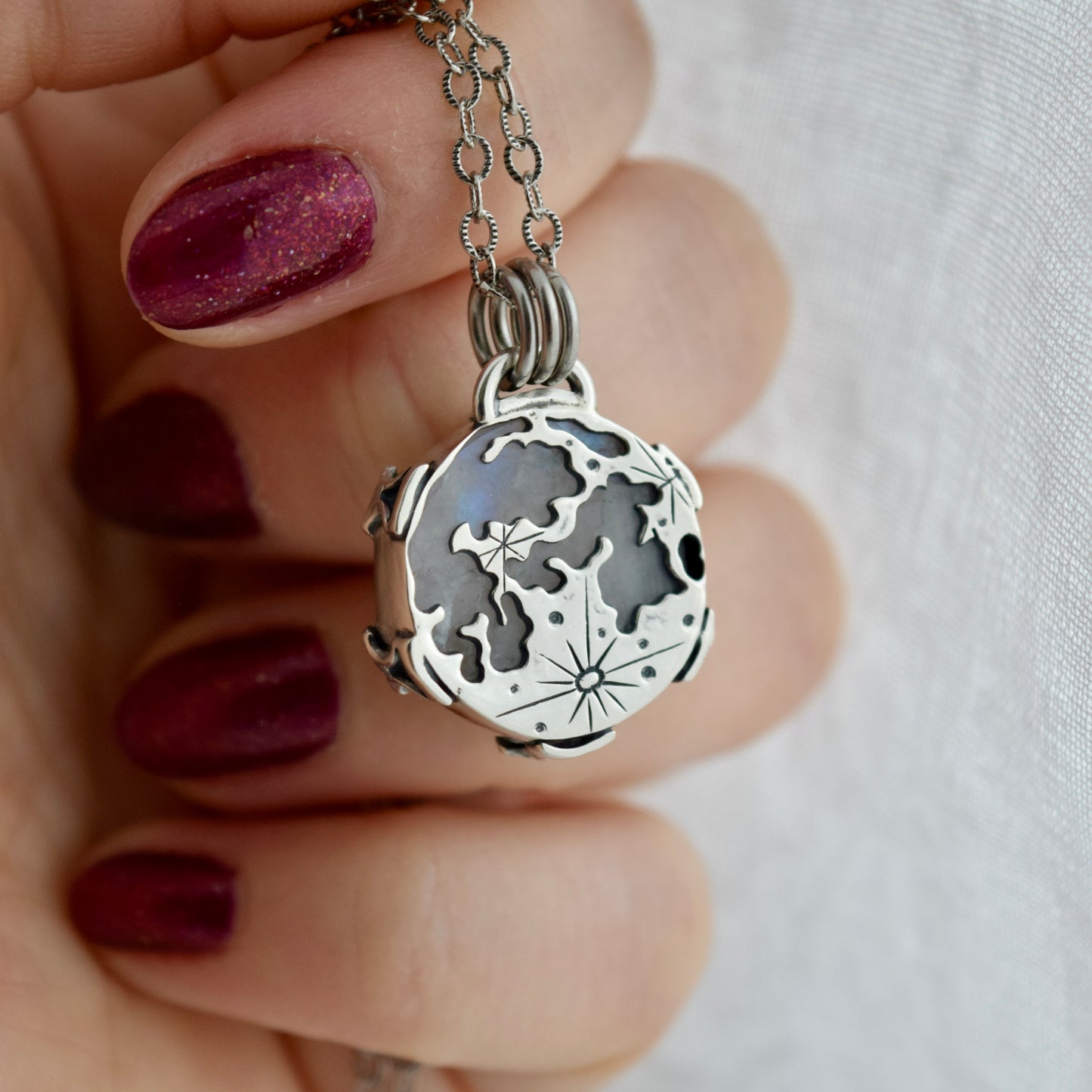 Double Sided Full Moon Rainbow Moonstone Necklace