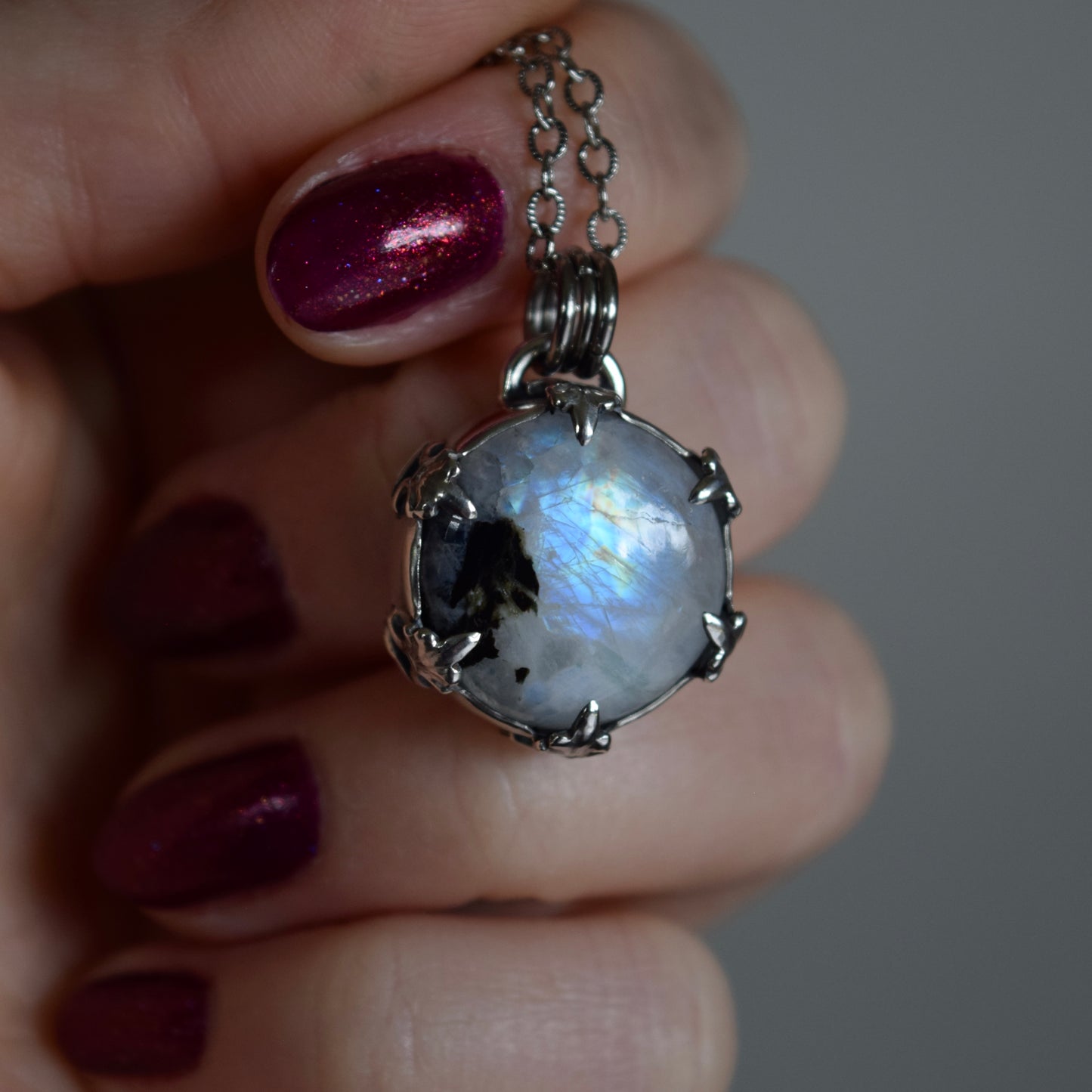 Double Sided Full Moon Rainbow Moonstone Necklace