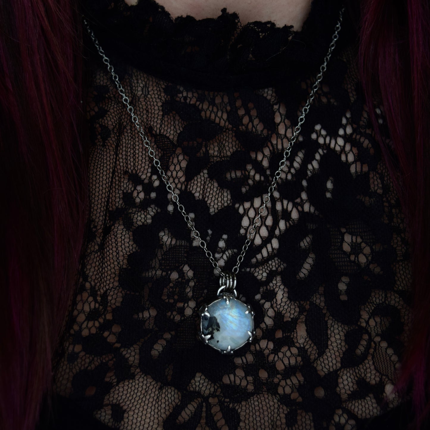 Double Sided Full Moon Rainbow Moonstone Necklace