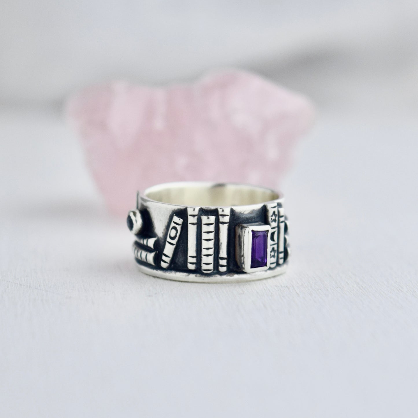Bookshelf Ring Band with Amethyst and Rainbow Moonstone Size 6