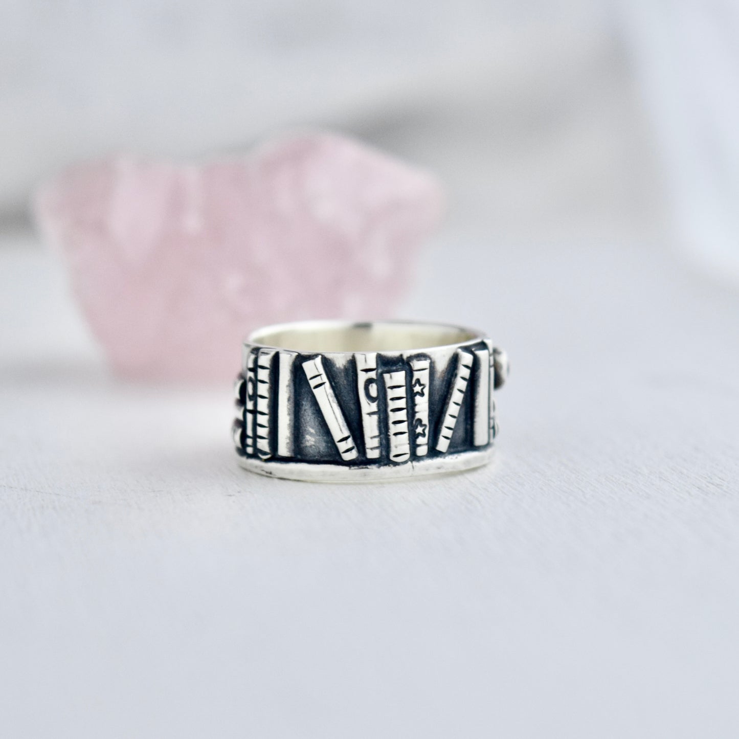 Bookshelf Ring Band with Amethyst and Rainbow Moonstone Size 6