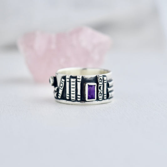 Bookshelf Ring Band with Amethyst and Rainbow Moonstone Size 6