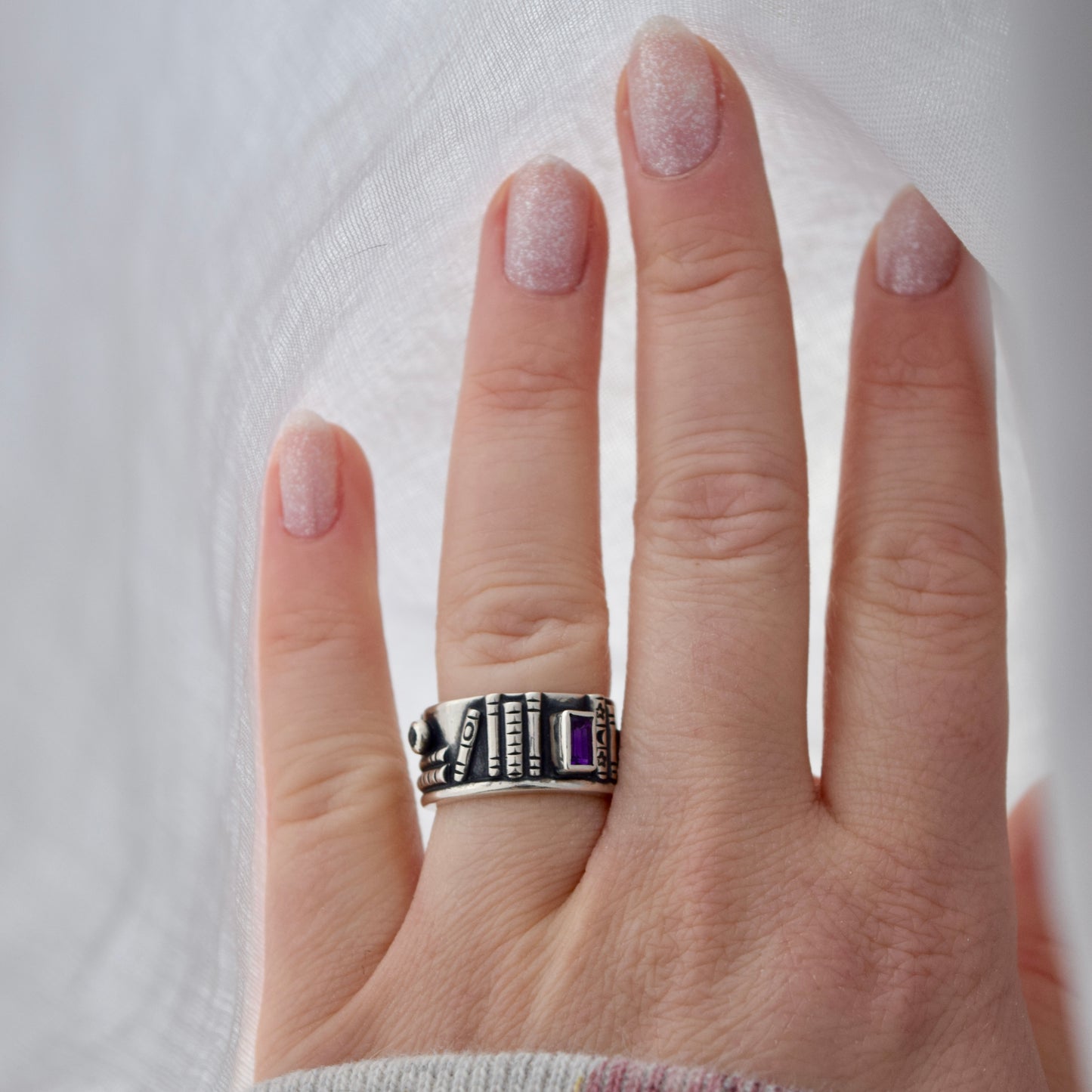 Bookshelf Ring Band with Amethyst and Rainbow Moonstone Size 6