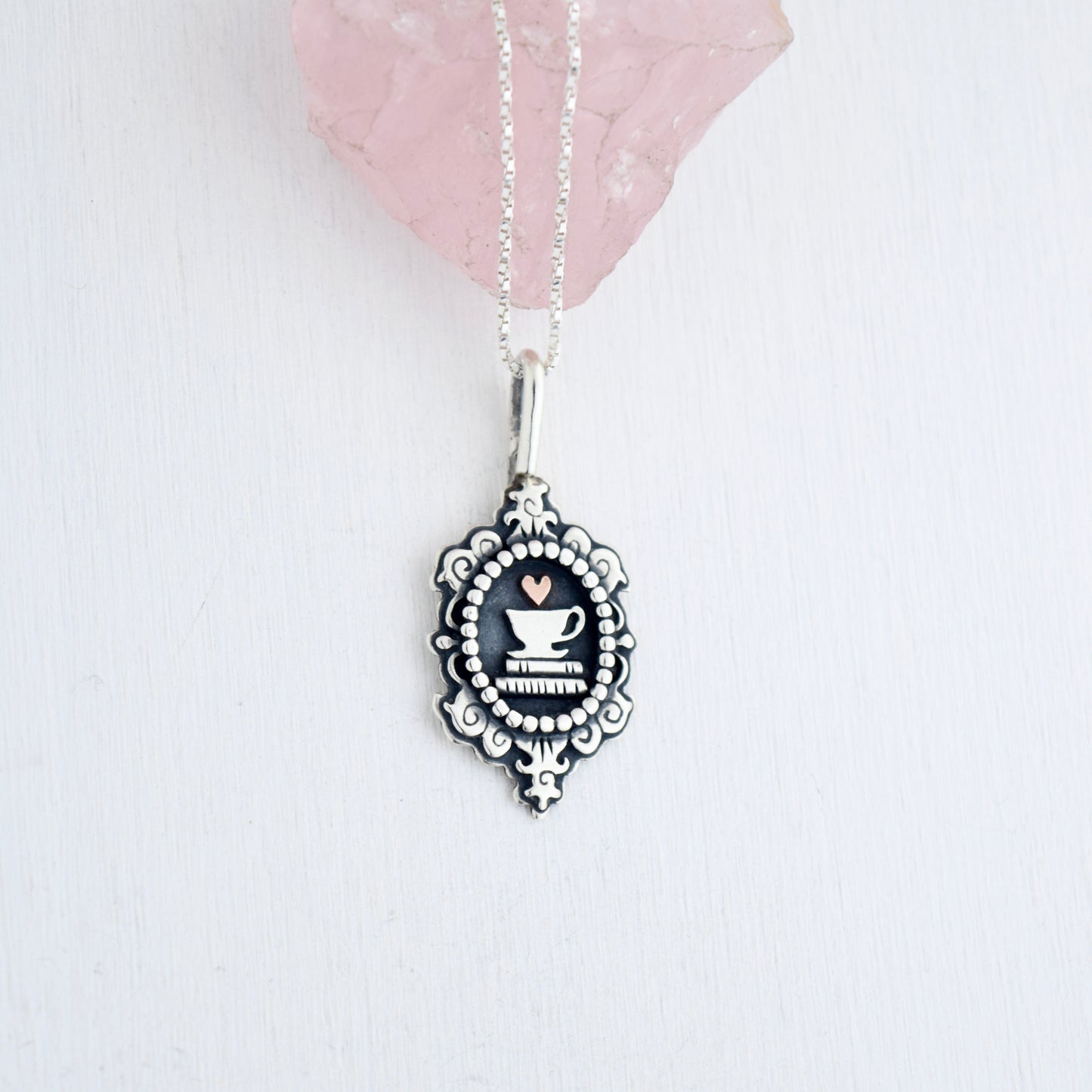Cozy Bookstack Cameo Necklace with 14k Solid Rose Gold