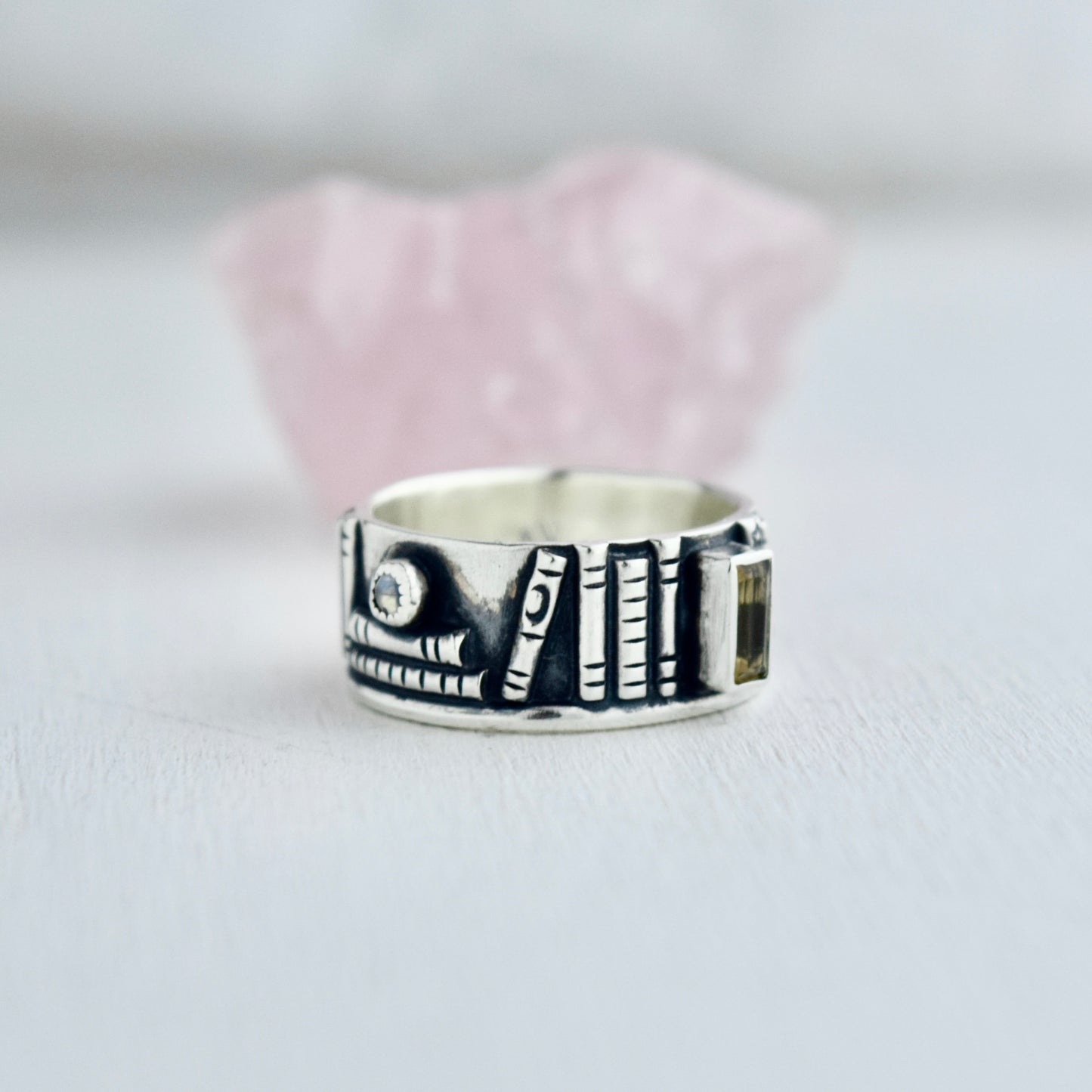 Bookshelf Ring Band with Citrine and Rainbow Moonstone Size 7