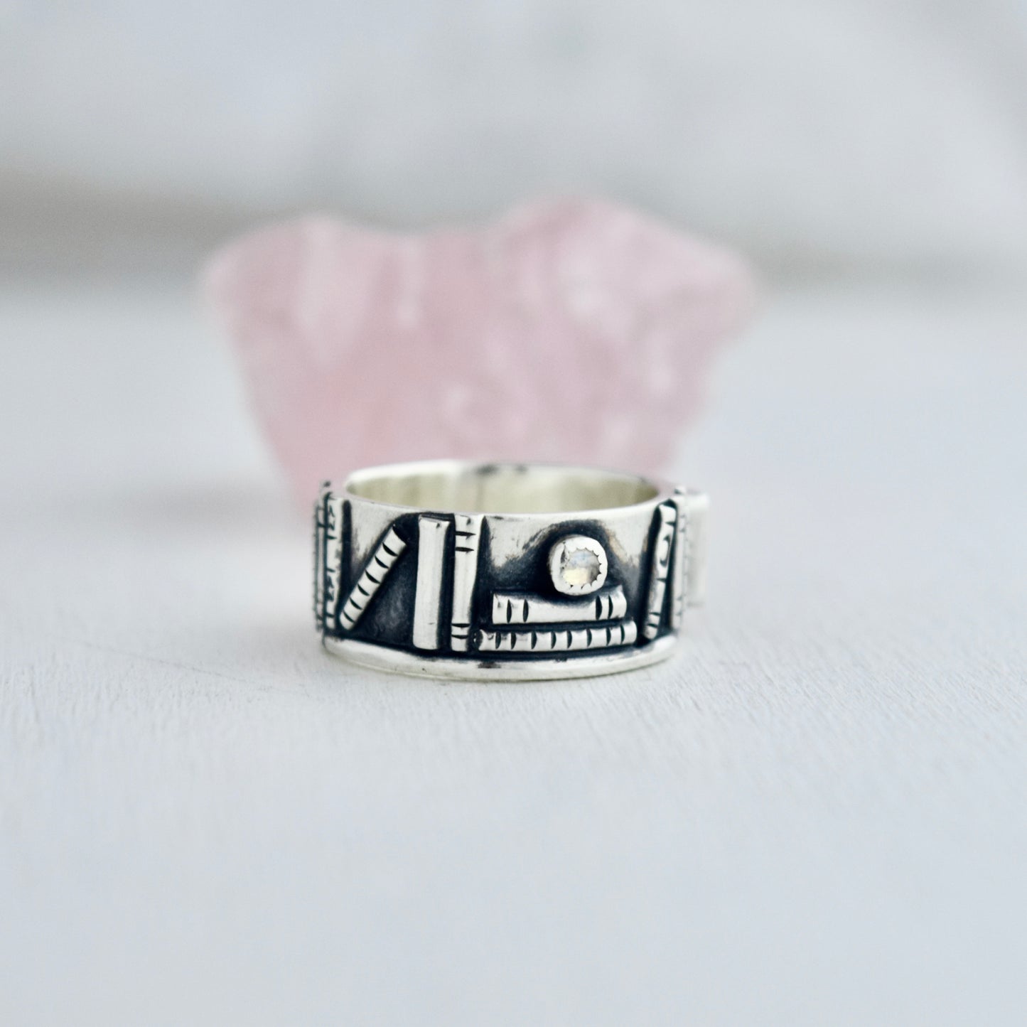 Bookshelf Ring Band with Citrine and Rainbow Moonstone Size 7