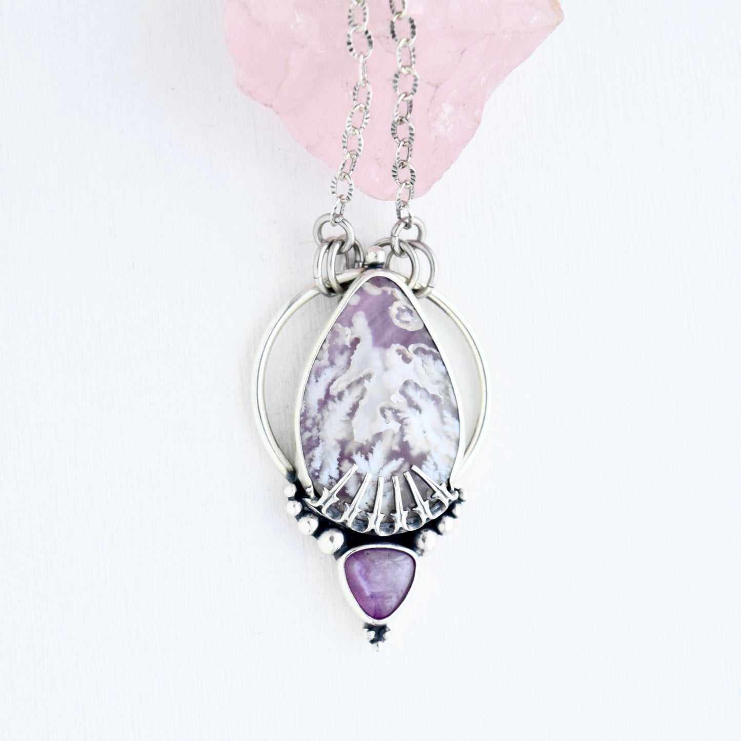 Pendulum Pendant with Composite Backed Plume Agate and Pink Sapphire