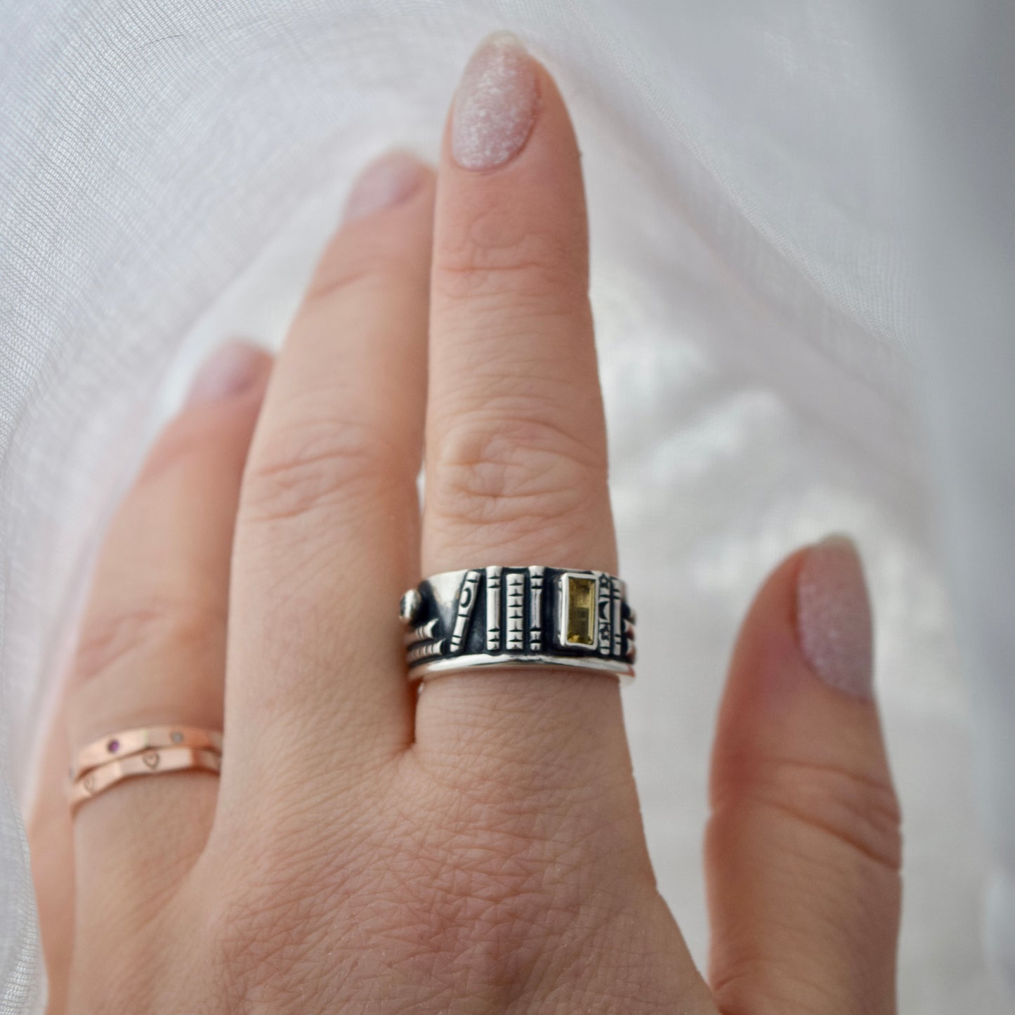 Bookshelf Ring Band with Citrine and Rainbow Moonstone Size 7