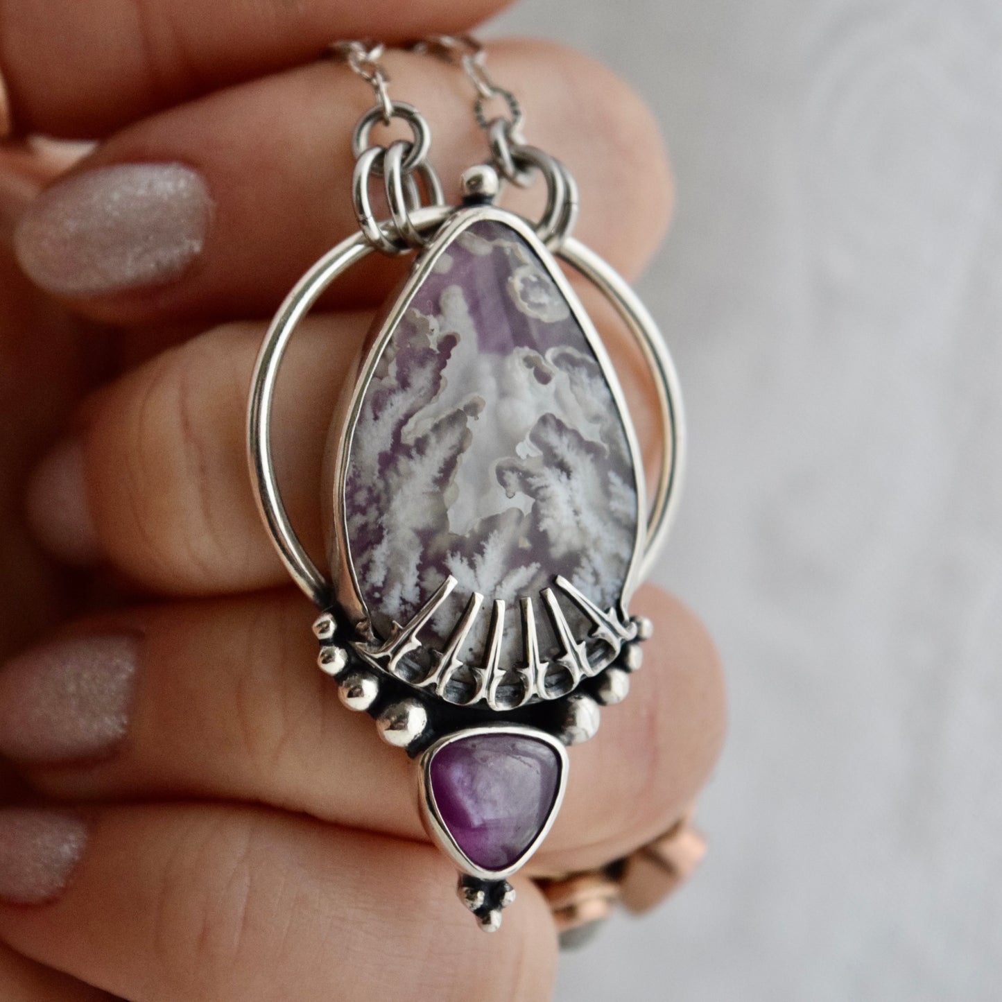 Pendulum Pendant with Composite Backed Plume Agate and Pink Sapphire