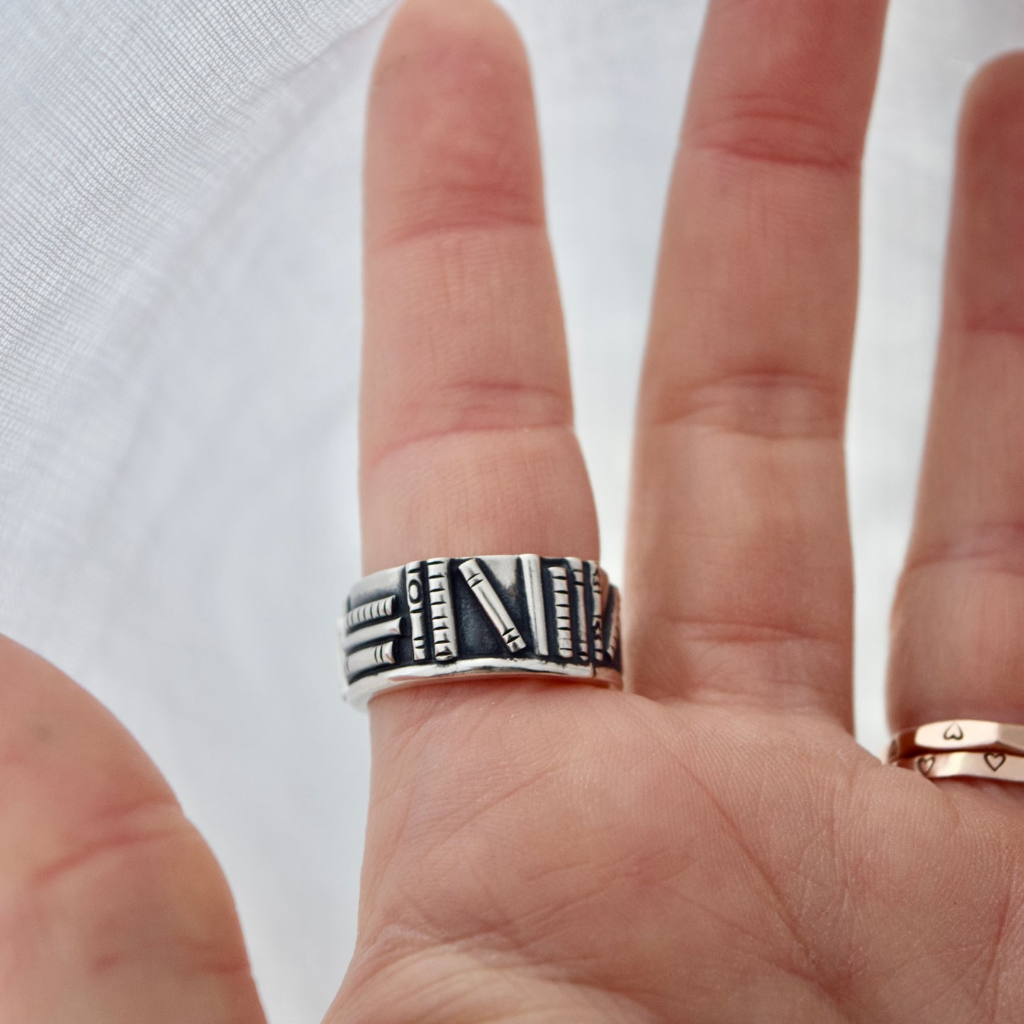 Bookshelf Ring Band with Citrine and Rainbow Moonstone Size 7