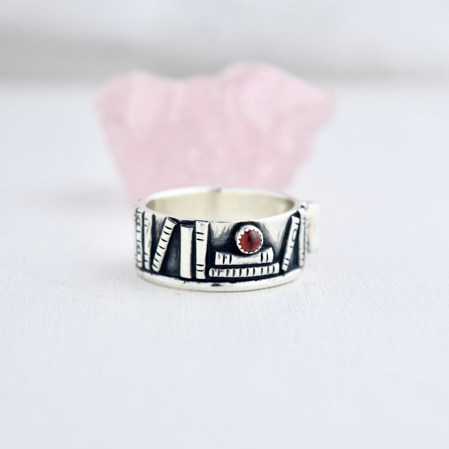 Bookshelf Ring Band with Garnet Size 8.5/8.75