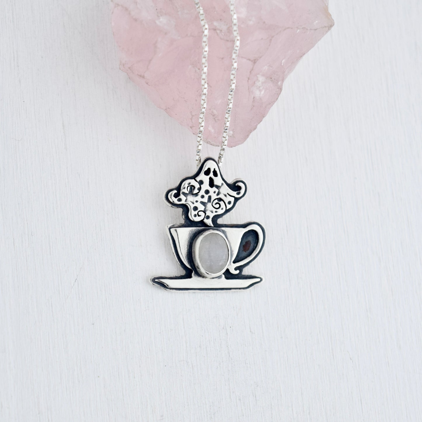 Dead Tired Cuppa Potion Pendant with Rainbow Moonstone