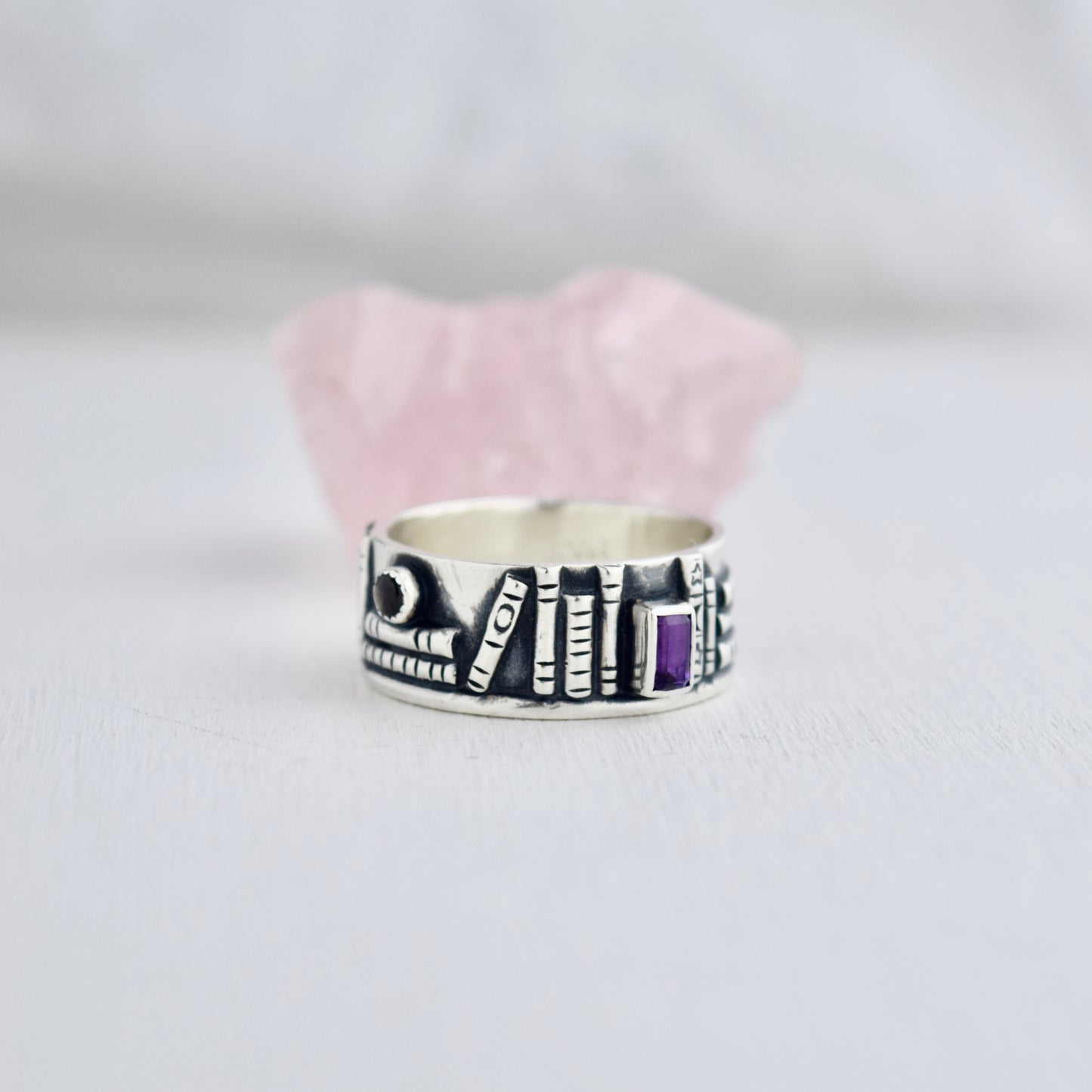 Bookshelf Ring Band with Amethyst and Black Star Sapphire Size 9.75