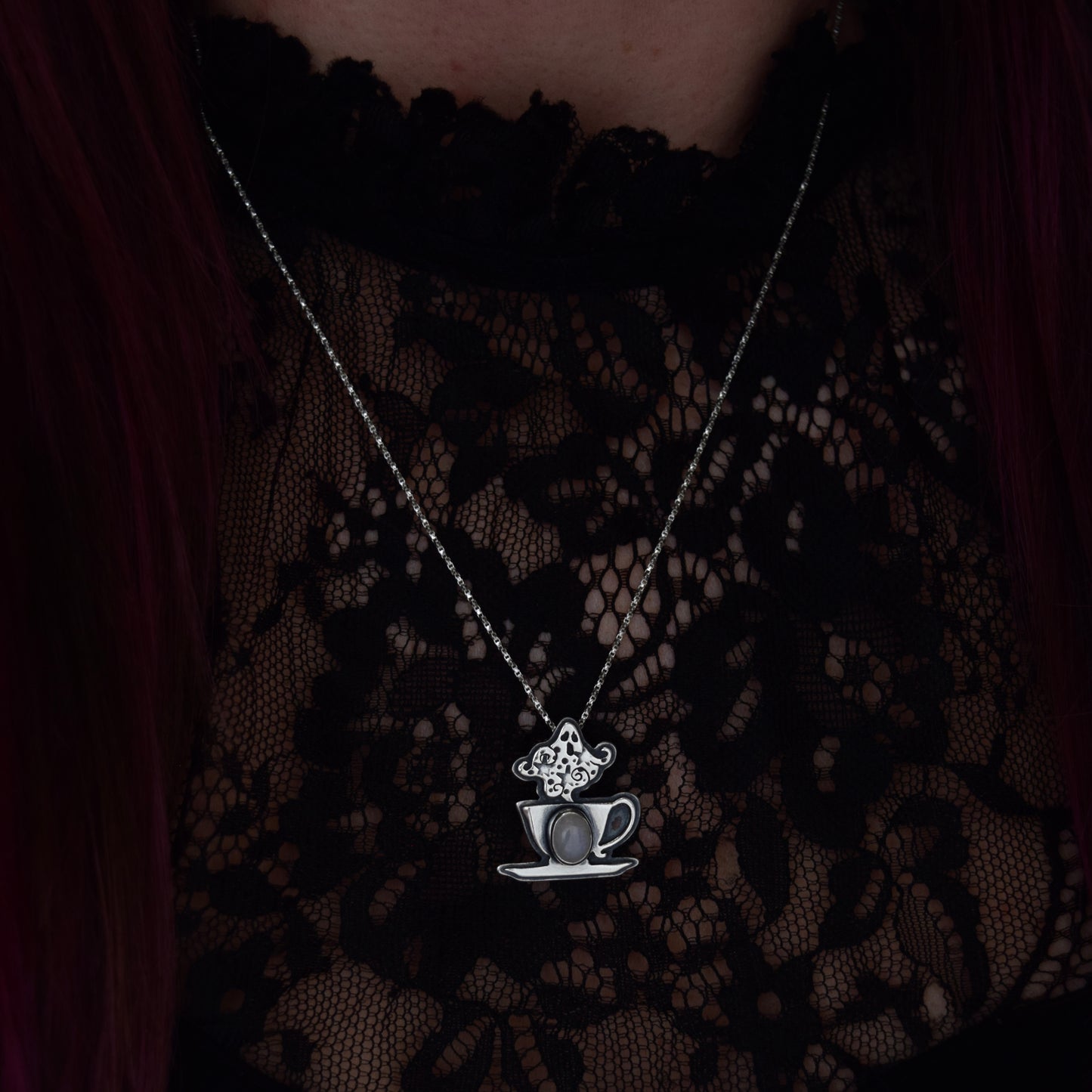 Dead Tired Cuppa Potion Pendant with Rainbow Moonstone