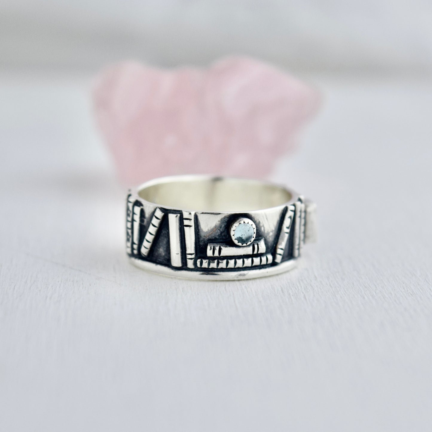 Bookshelf Ring Band with Blue Topaz and Blue Tourmaline Size 10.25