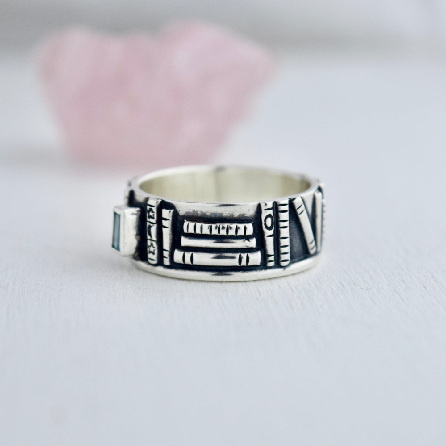 Bookshelf Ring Band with Blue Topaz and Blue Tourmaline Size 10.25