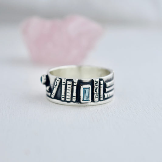 Bookshelf Ring Band with Blue Topaz and Blue Tourmaline Size 10.25