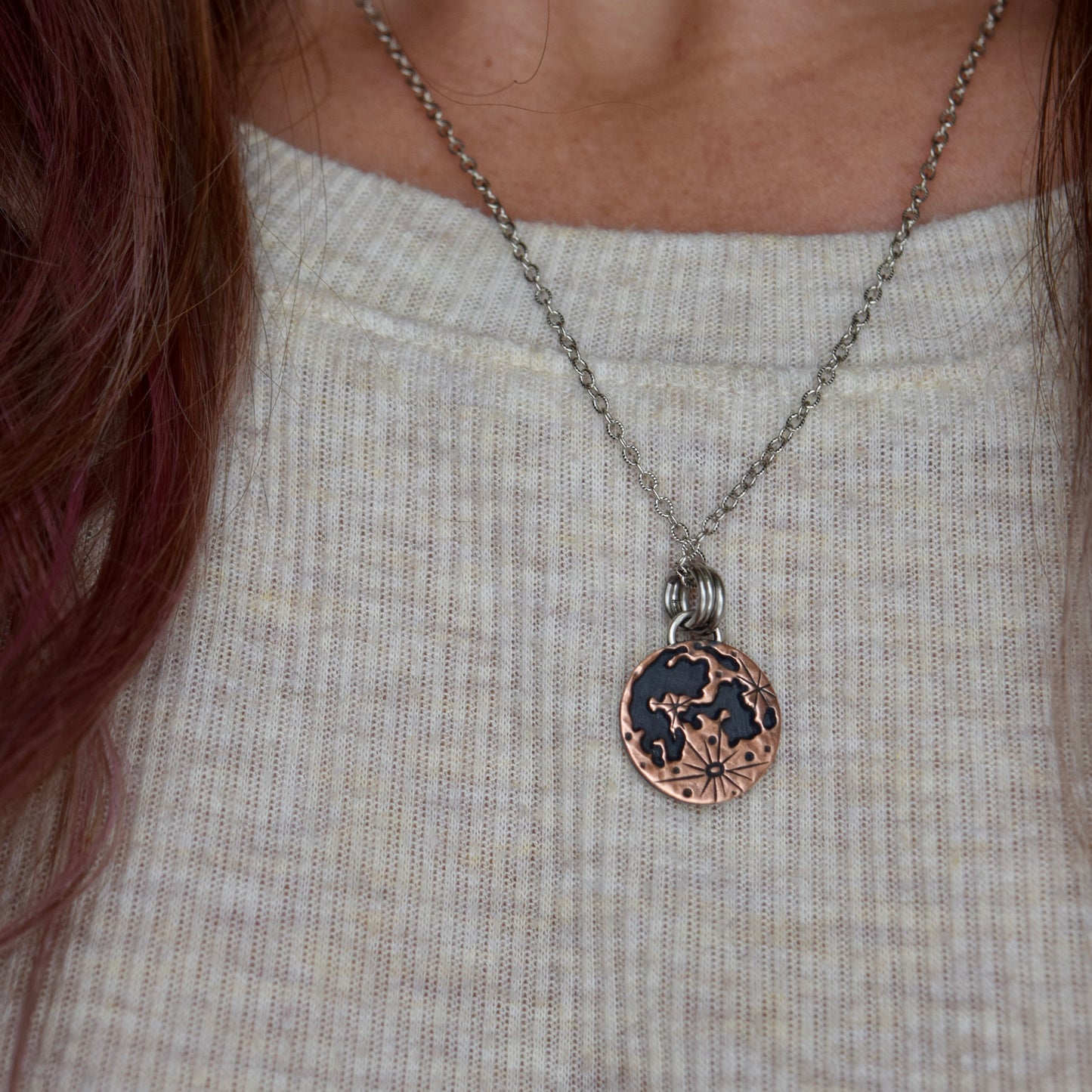 Double Sided Copper Blood on the Moon Pendant with Garnet