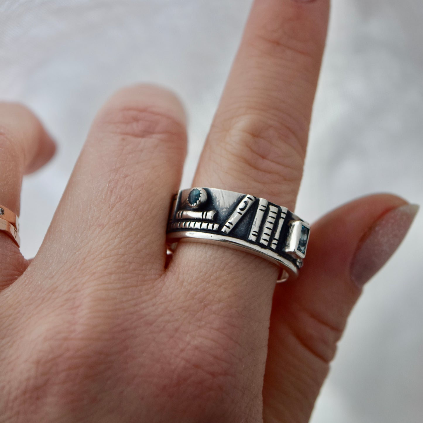 Bookshelf Ring Band with Blue Topaz and Blue Tourmaline Size 10.25