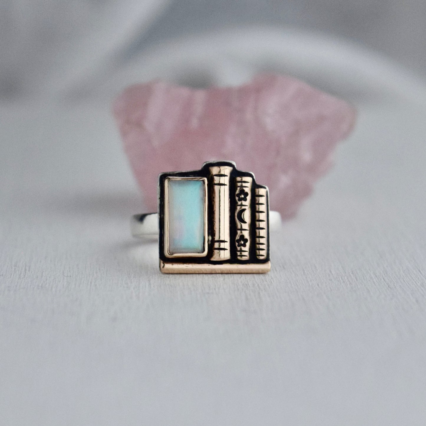 Bookshelf Ring with Ethiopian Opal, 14k Solid Yellow Gold, and Yellow Gold Fill Size 8